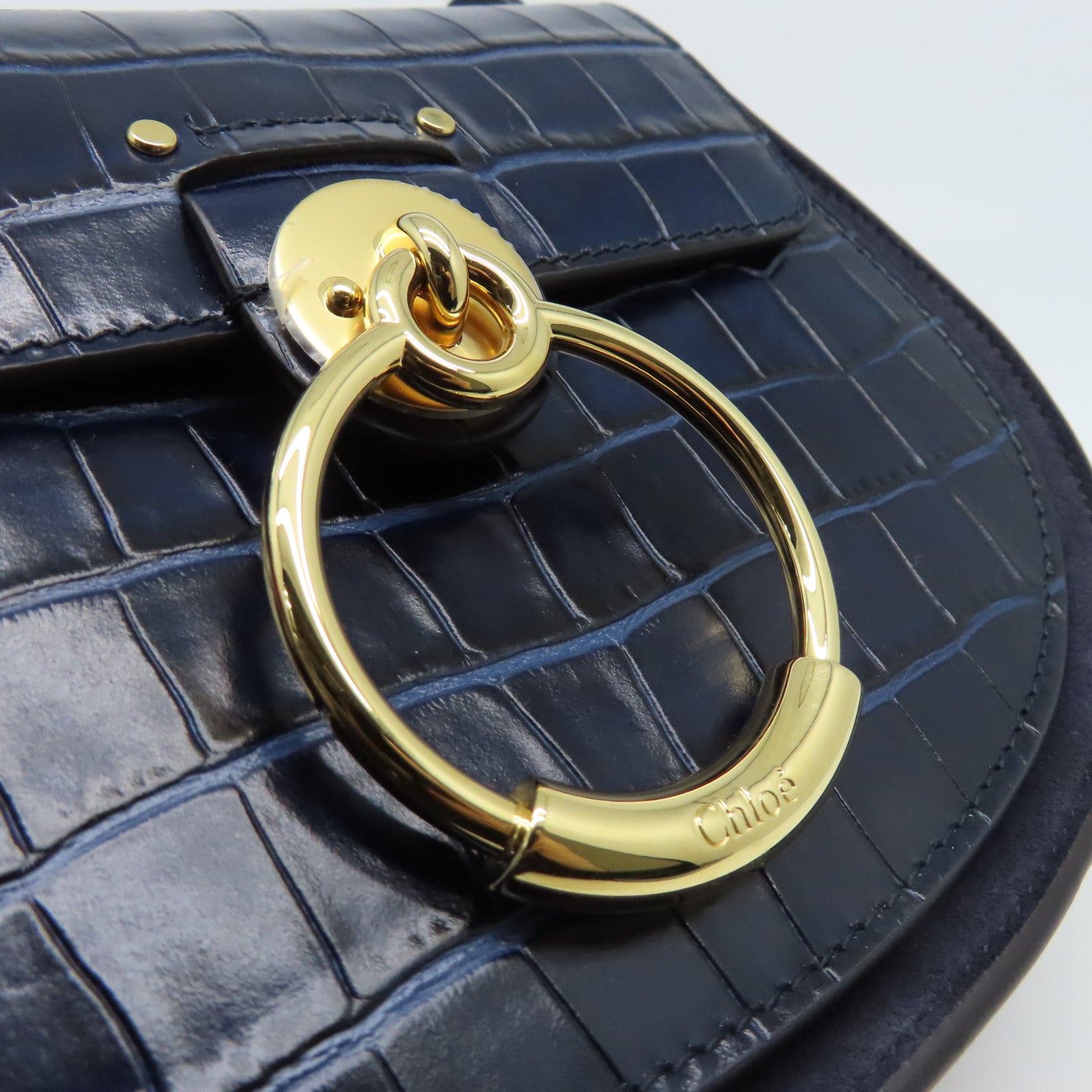 Chloe 牛皮皮革Shoulder Bag金扣肩背袋藍色/棕色