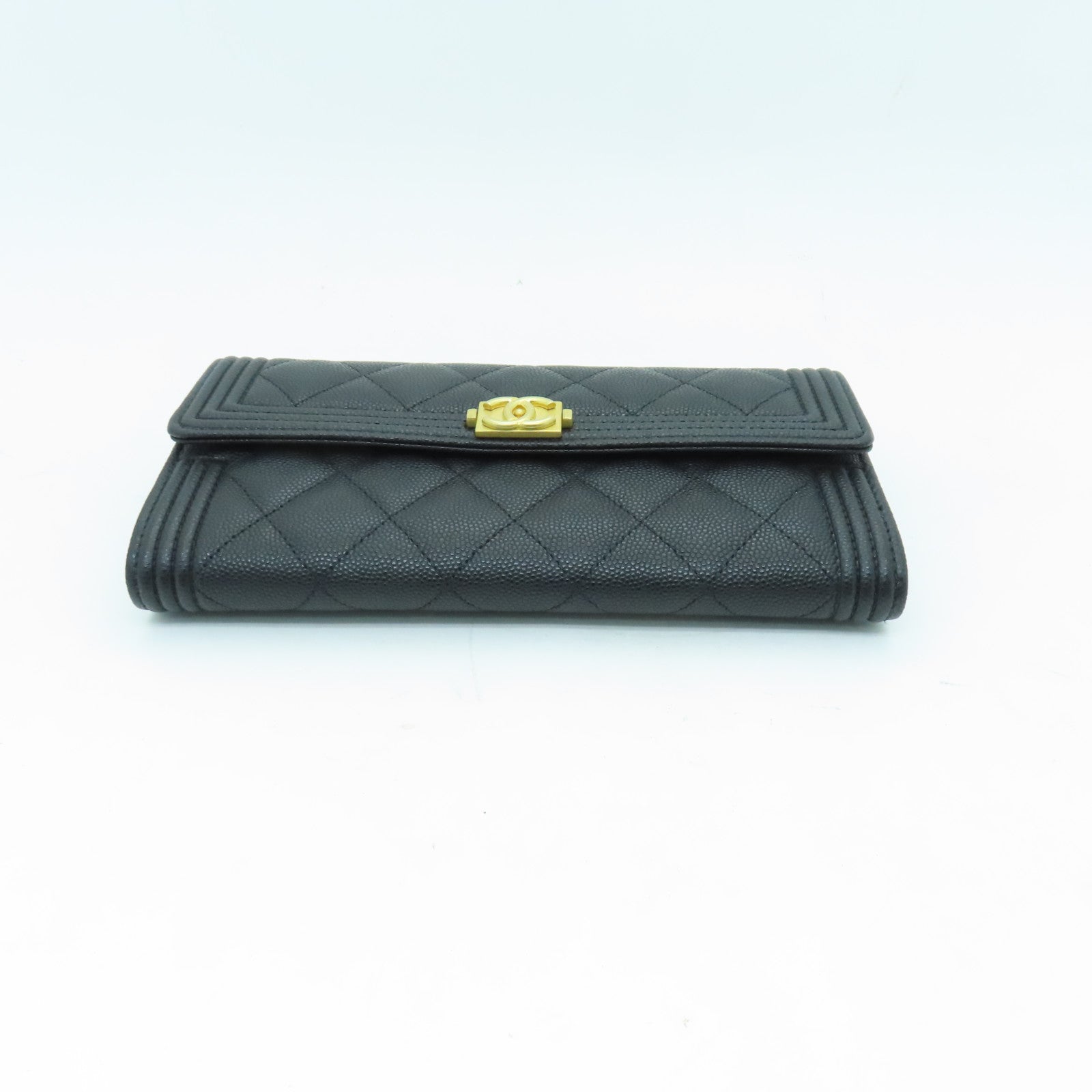 CHANEL 菱格Caviar皮革Boy Long Wallet金扣長錢包黑色