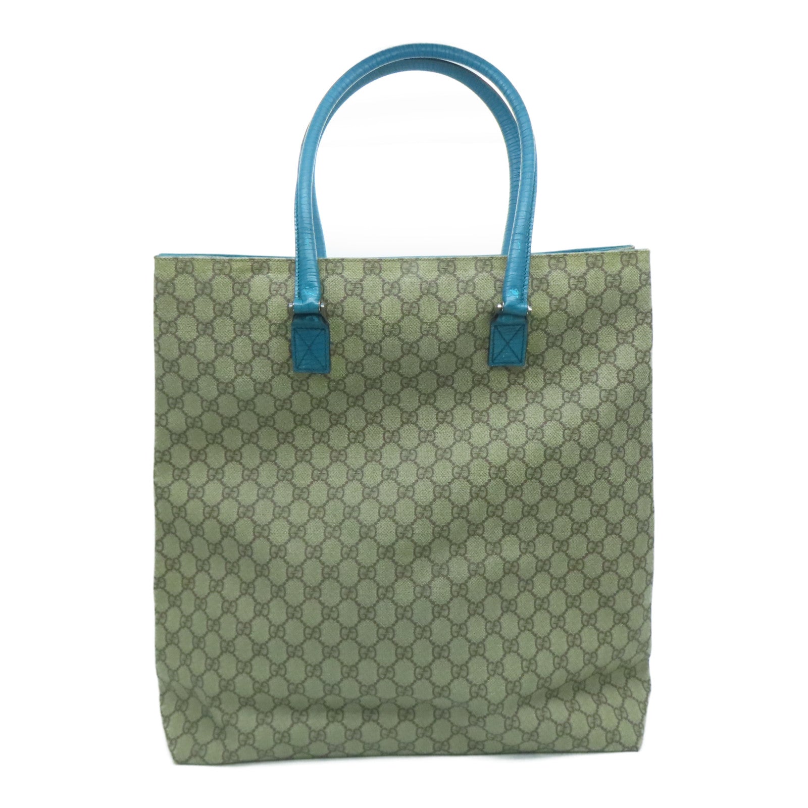 GUCCI 塗層帆布Tote Bag銀扣手挽袋啡色/淺藍色