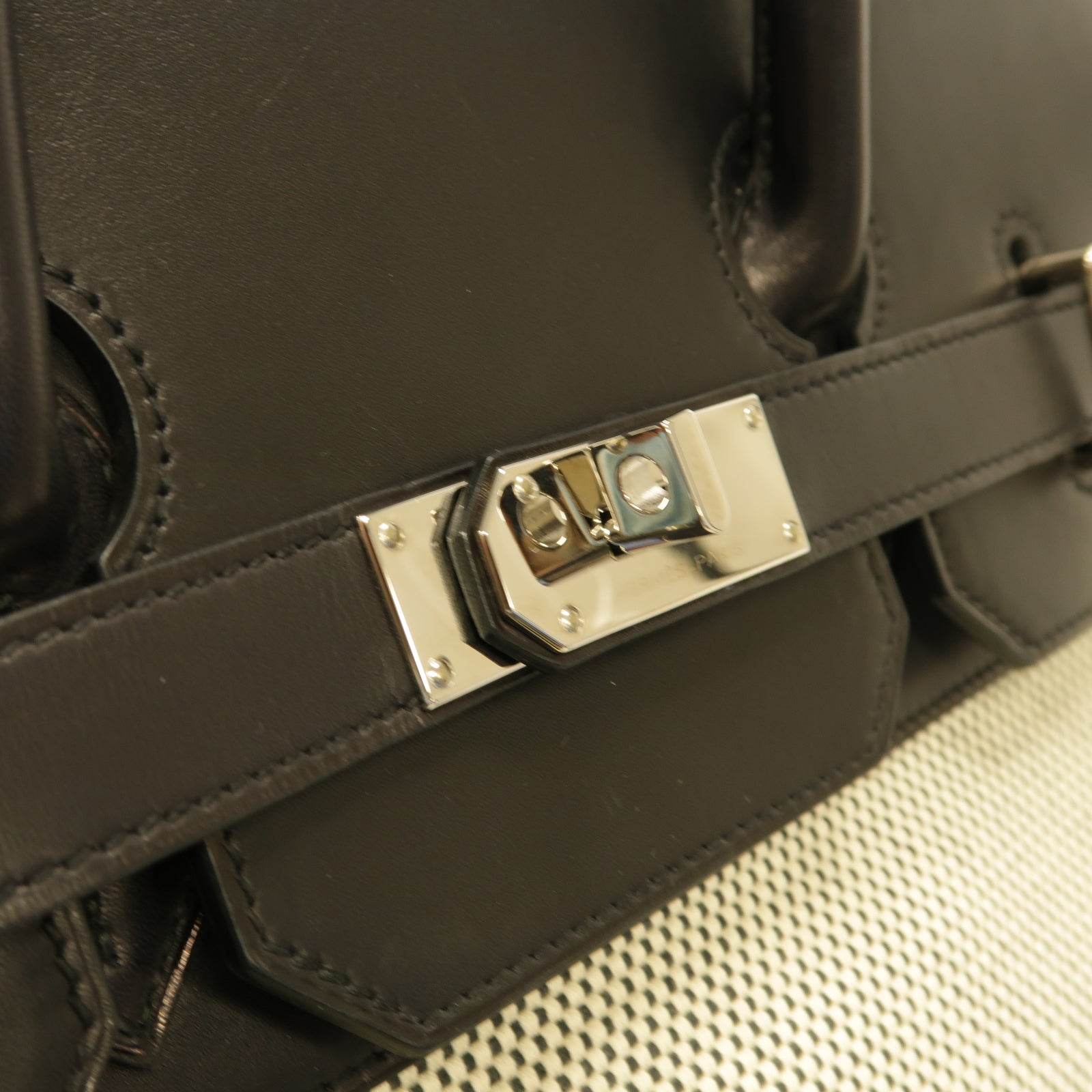HERMES 帆布/Evercalf皮革Haut a Courroies銀扣手挽袋/旅行袋黑色/米色