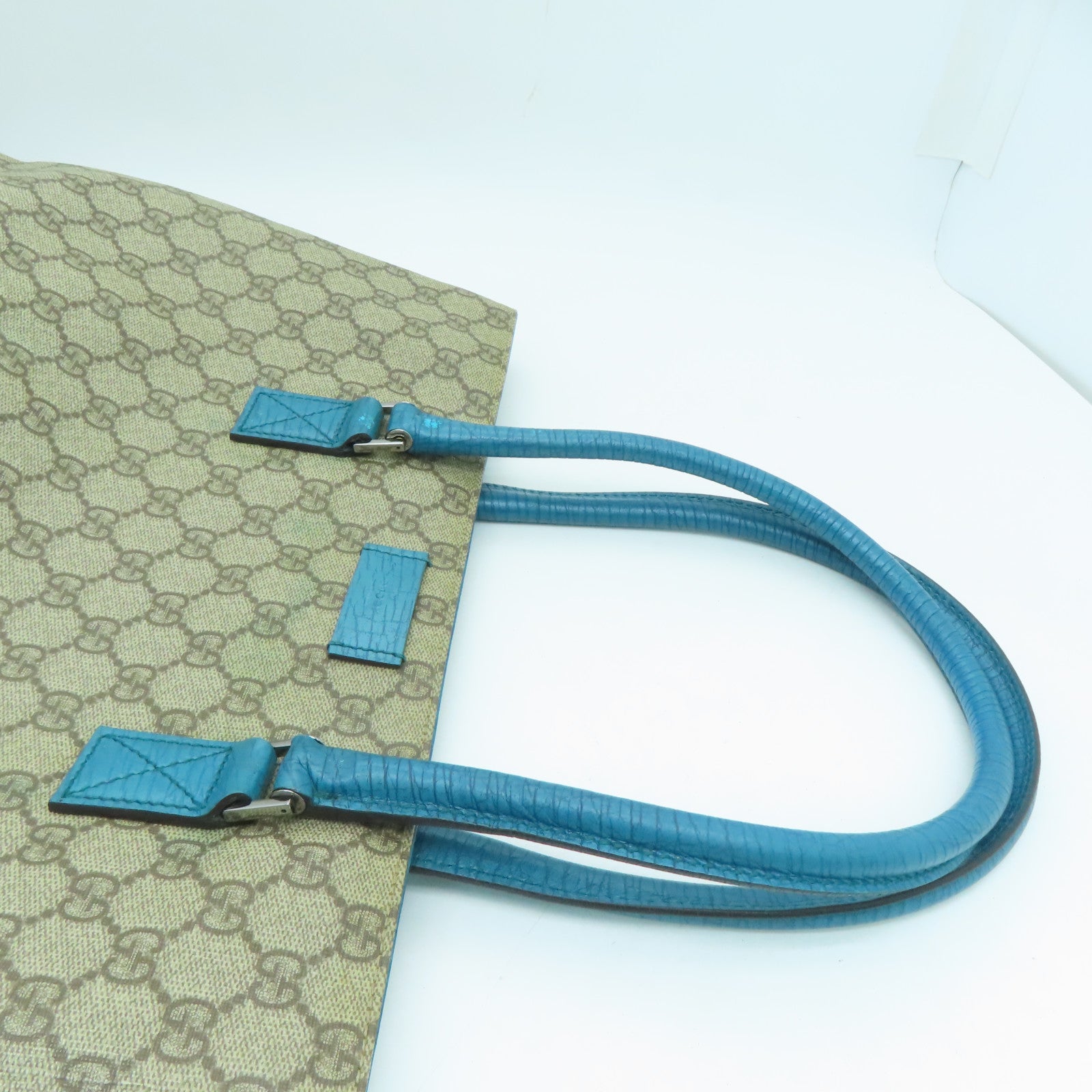 GUCCI 塗層帆布Tote Bag銀扣手挽袋啡色/淺藍色