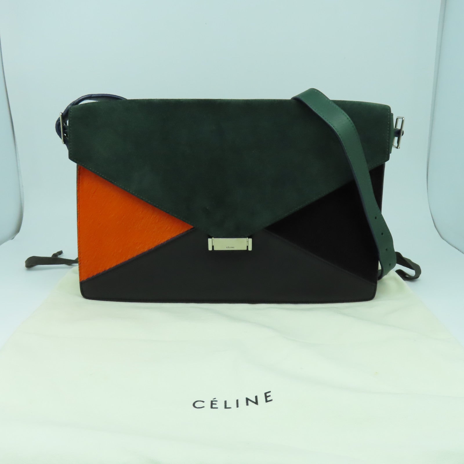 CELINE 牛皮皮革/馬毛Handbag銀扣手挽袋綠色/黑色