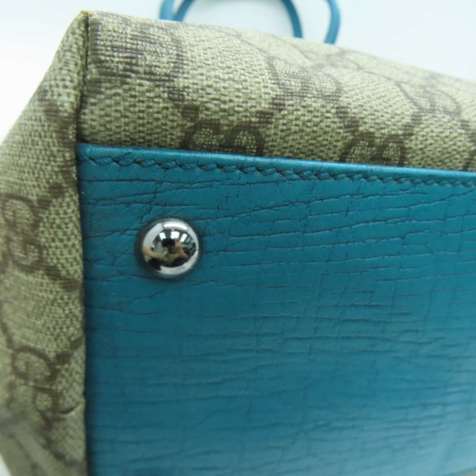 GUCCI 塗層帆布Tote Bag銀扣手挽袋啡色/淺藍色