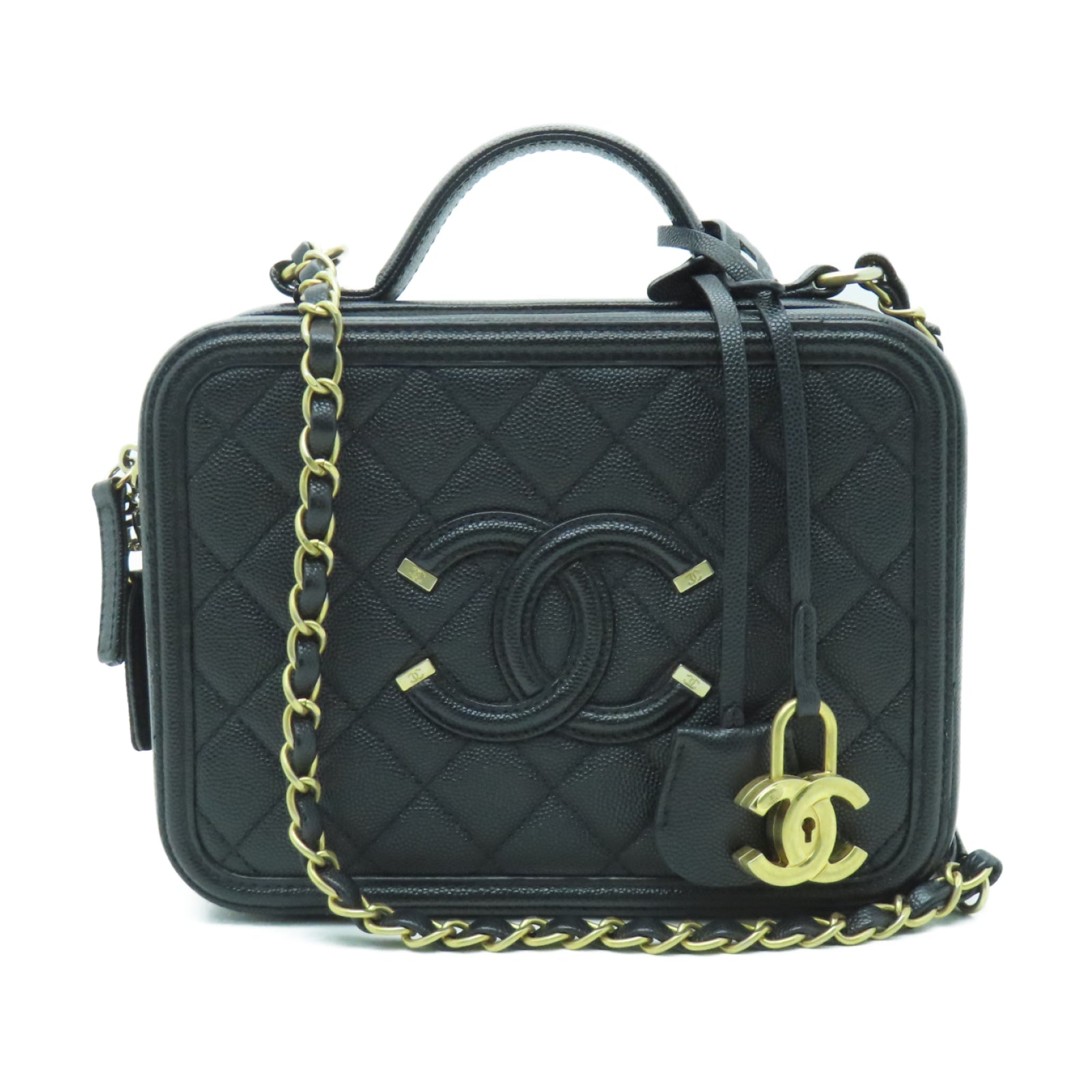 CHANEL 菱格牛皮皮革Chain Shoulder金扣鏈帶肩背袋黑色