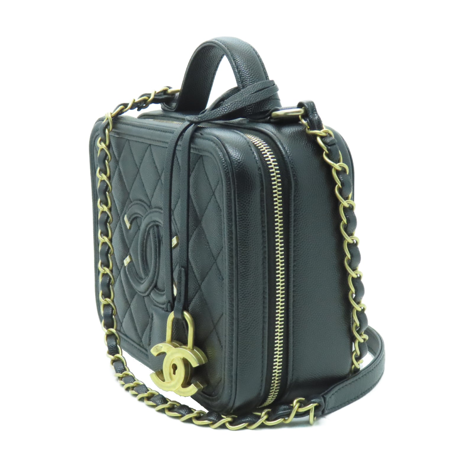 CHANEL 菱格牛皮皮革Chain Shoulder金扣鏈帶肩背袋黑色