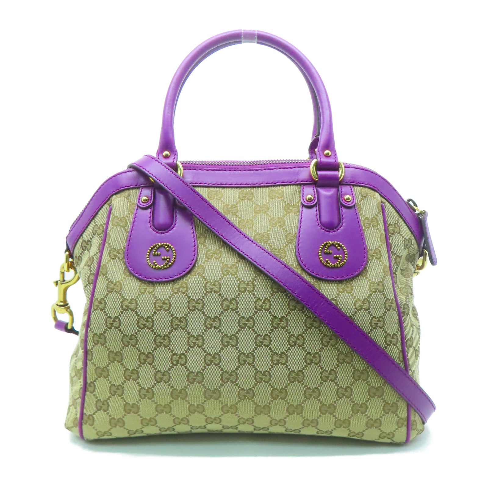 GUCCI 帆布2 Way Shoulder金扣手挽肩背兩用袋棕色/紫色