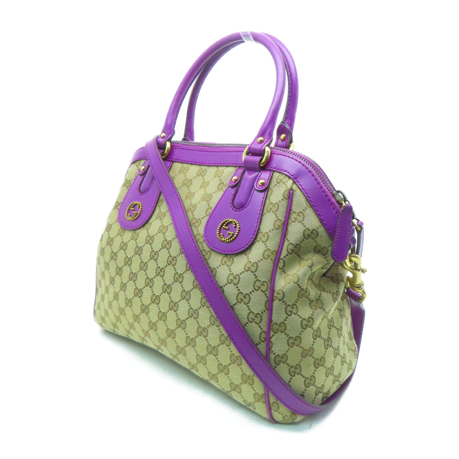 GUCCI 帆布2 Way Shoulder金扣手挽肩背兩用袋棕色/紫色
