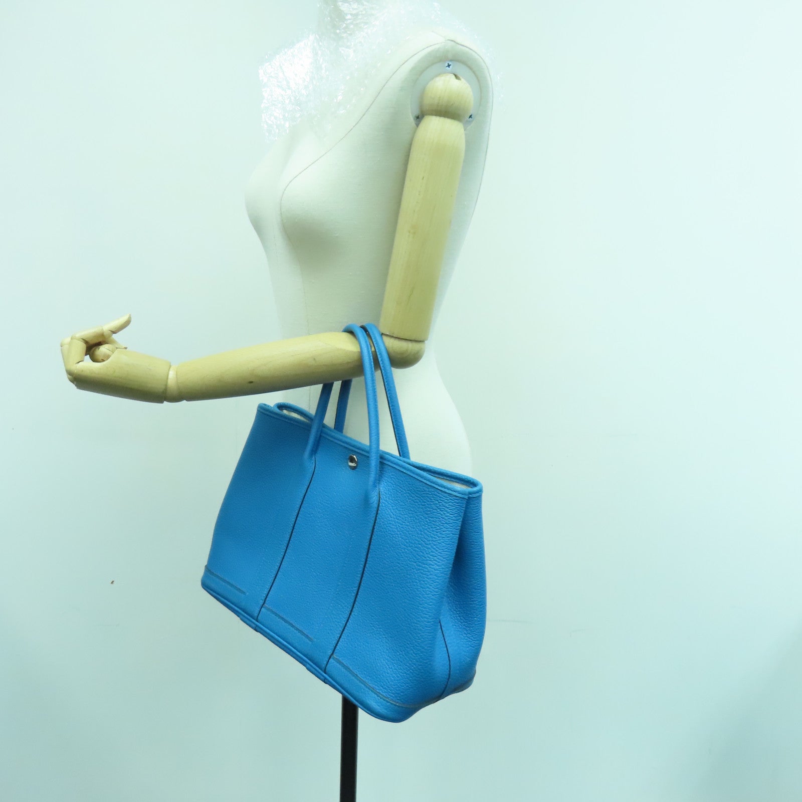 HERMES Clemence皮革Garden Party TPM Tote Bag银扣手挽袋蓝色