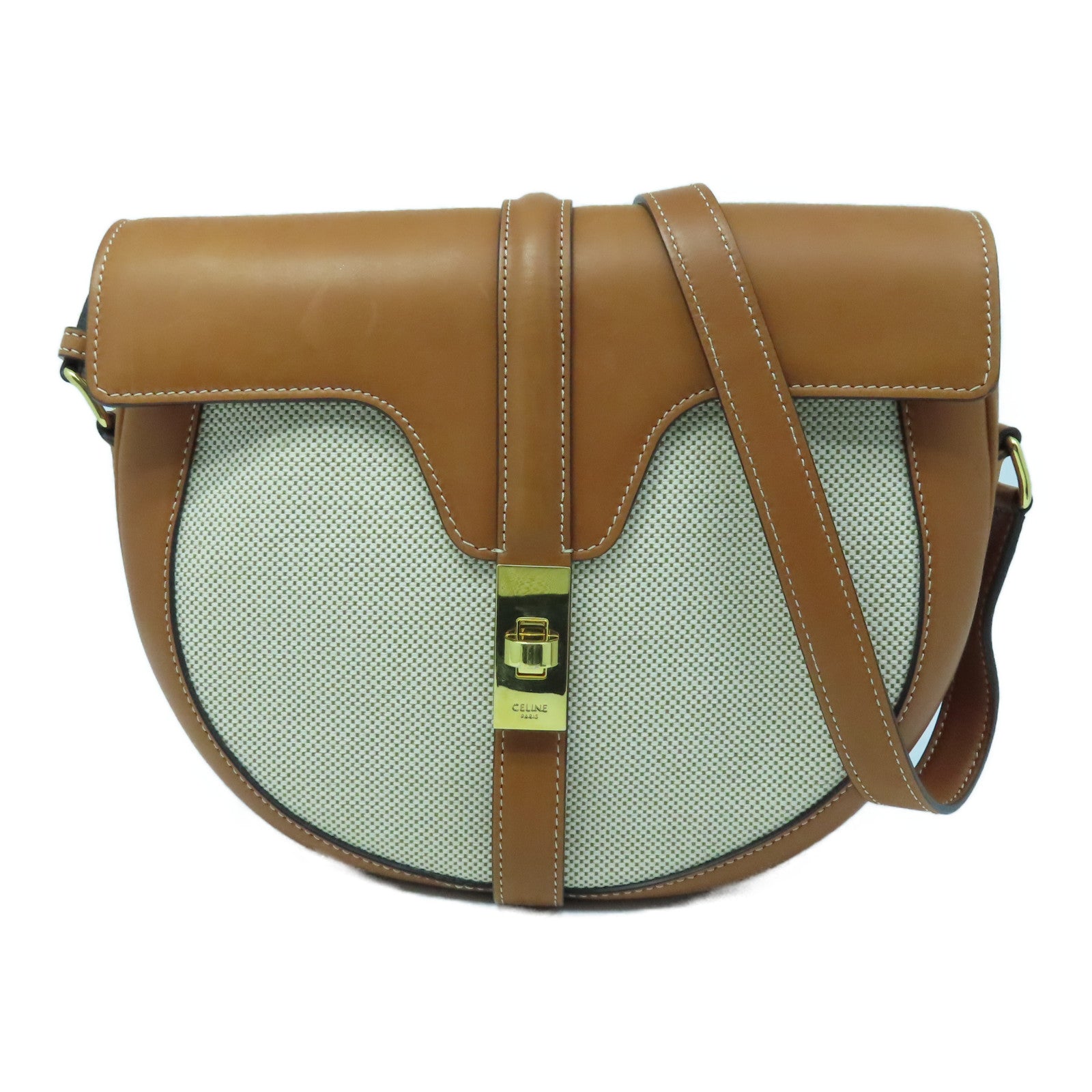 CELINE 牛皮皮革/帆布Shoulder Bag金扣肩背袋棕色/白色
