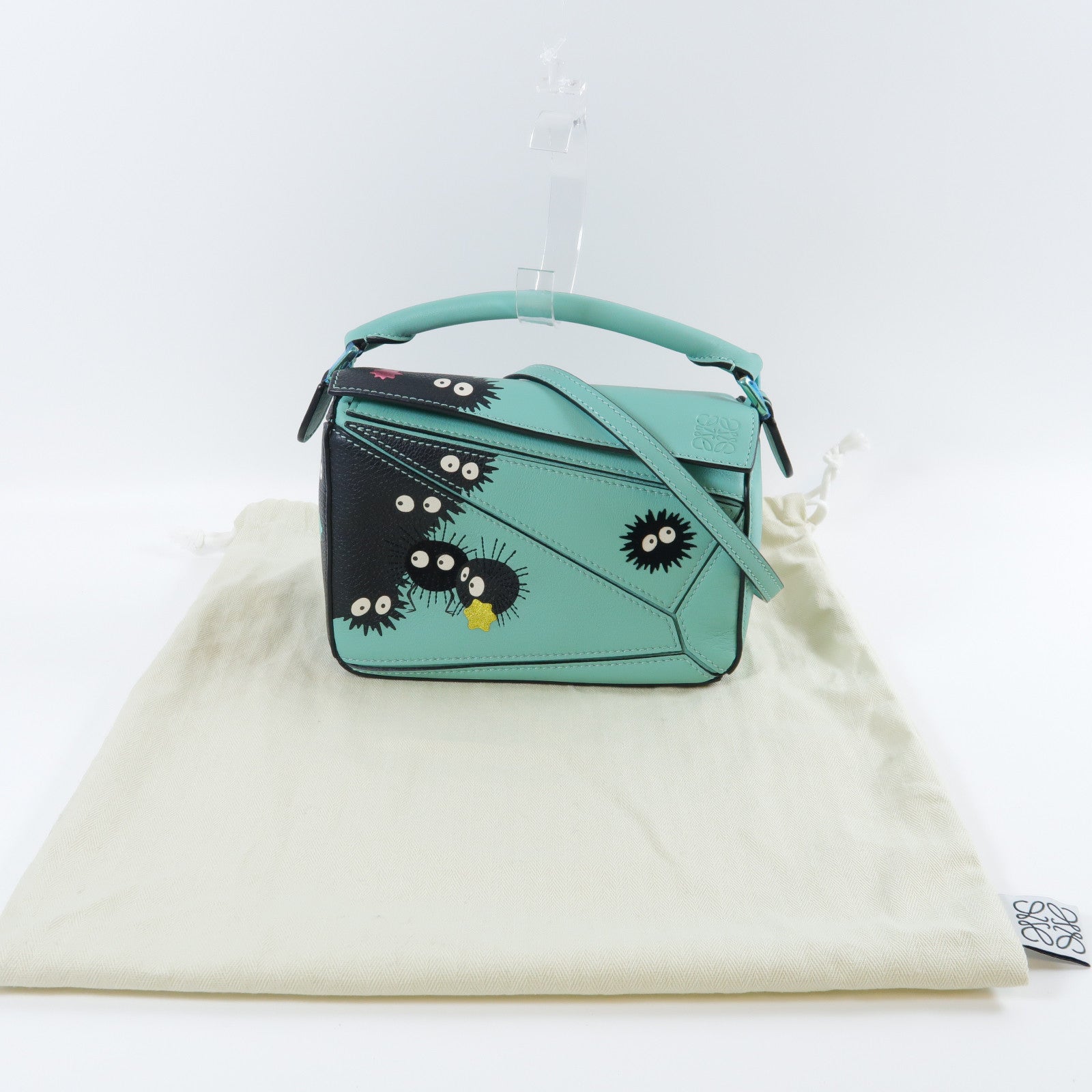 LOEWE 牛皮皮革Mini Puzzle Studio Ghibli金扣手挽肩背兩用袋綠色