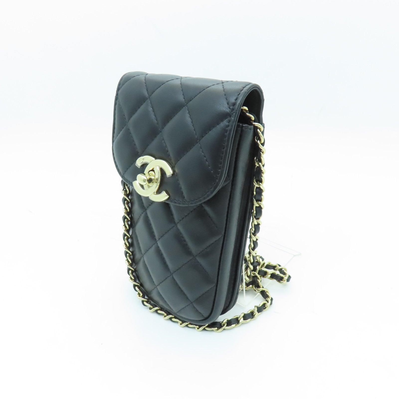 CHANEL 菱格羊皮皮革Chain Shoulder Bag金扣鏈帶肩背袋黑色