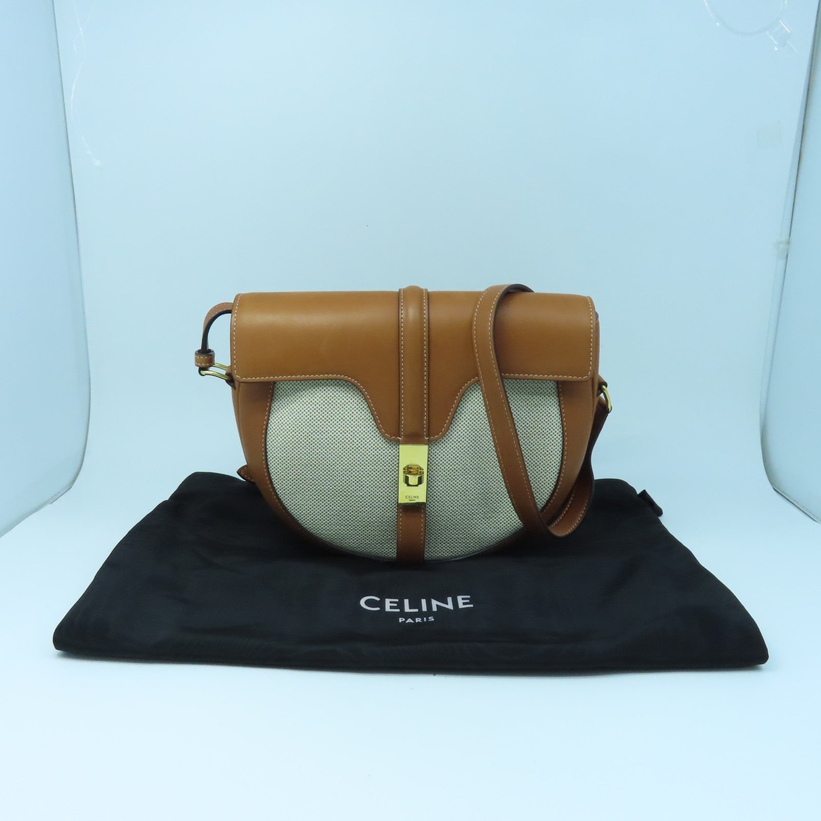 CELINE 牛皮皮革/帆布Shoulder Bag金扣肩背袋棕色/白色