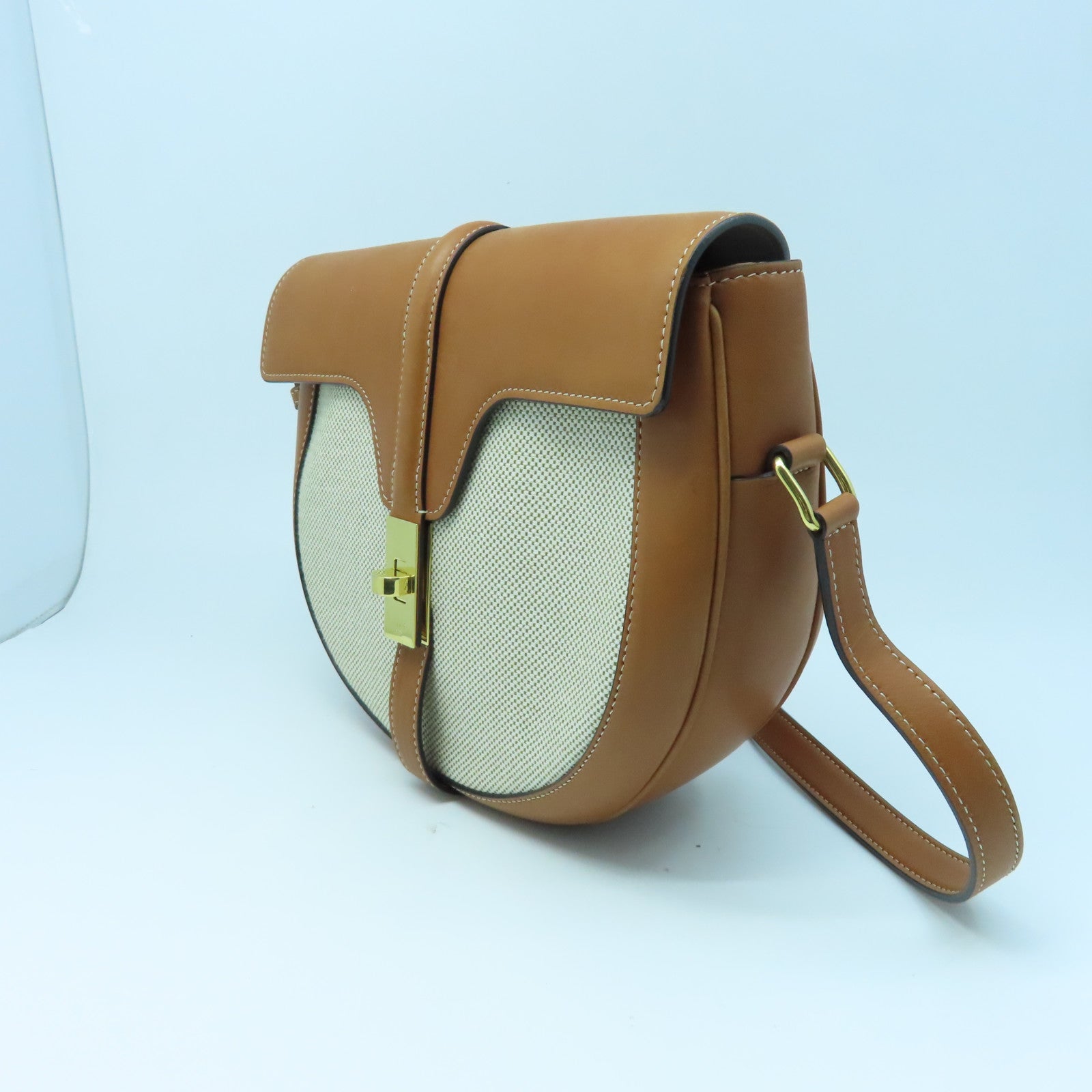 CELINE 牛皮皮革/帆布Shoulder Bag金扣肩背袋棕色/白色