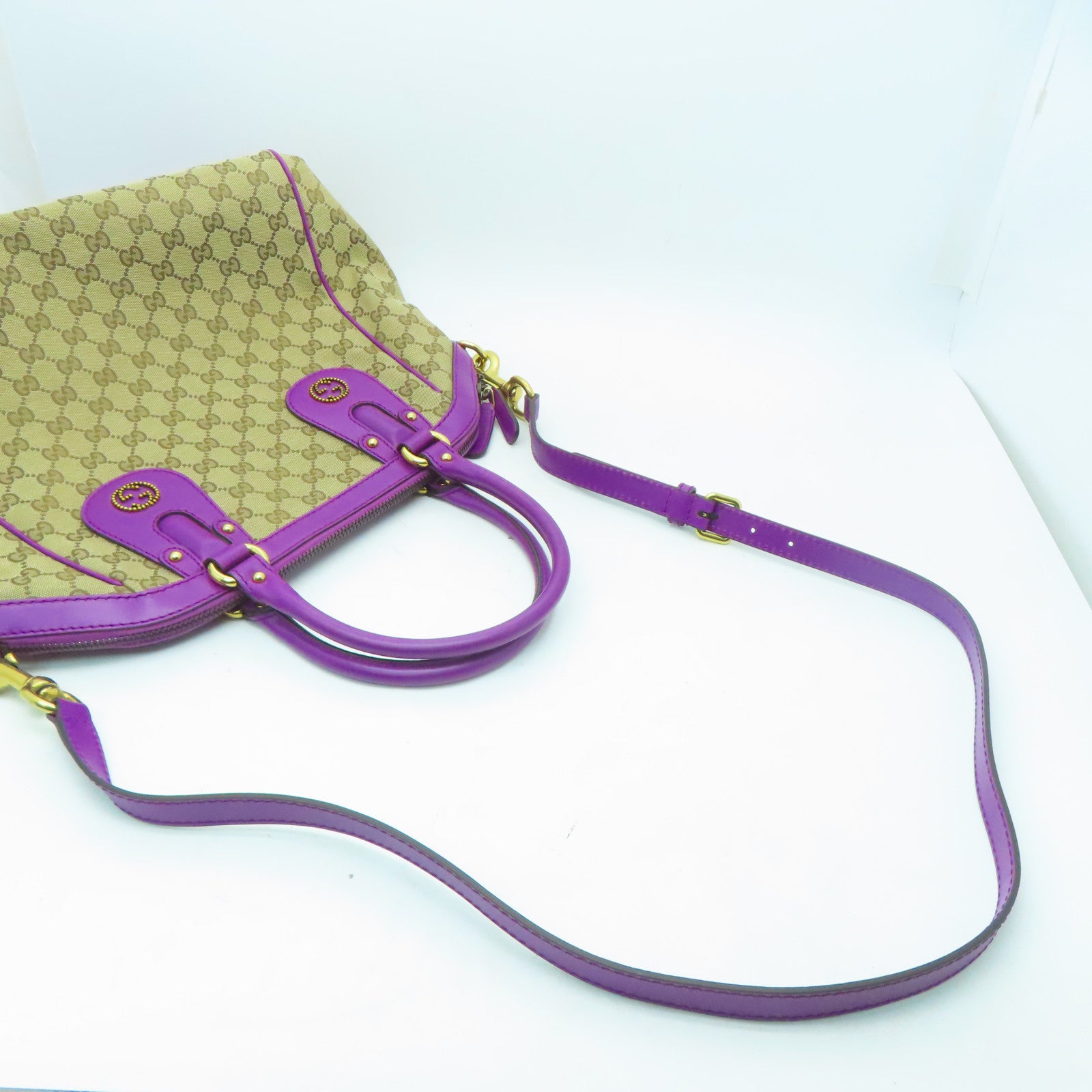 GUCCI 帆布2 Way Shoulder金扣手挽肩背兩用袋棕色/紫色