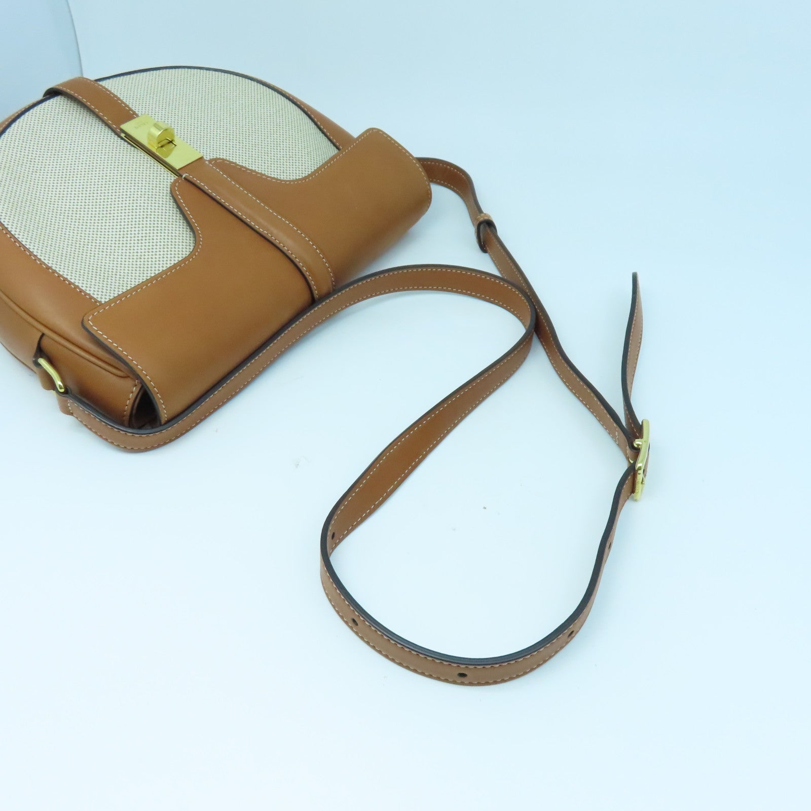 CELINE 牛皮皮革/帆布Shoulder Bag金扣肩背袋棕色/白色