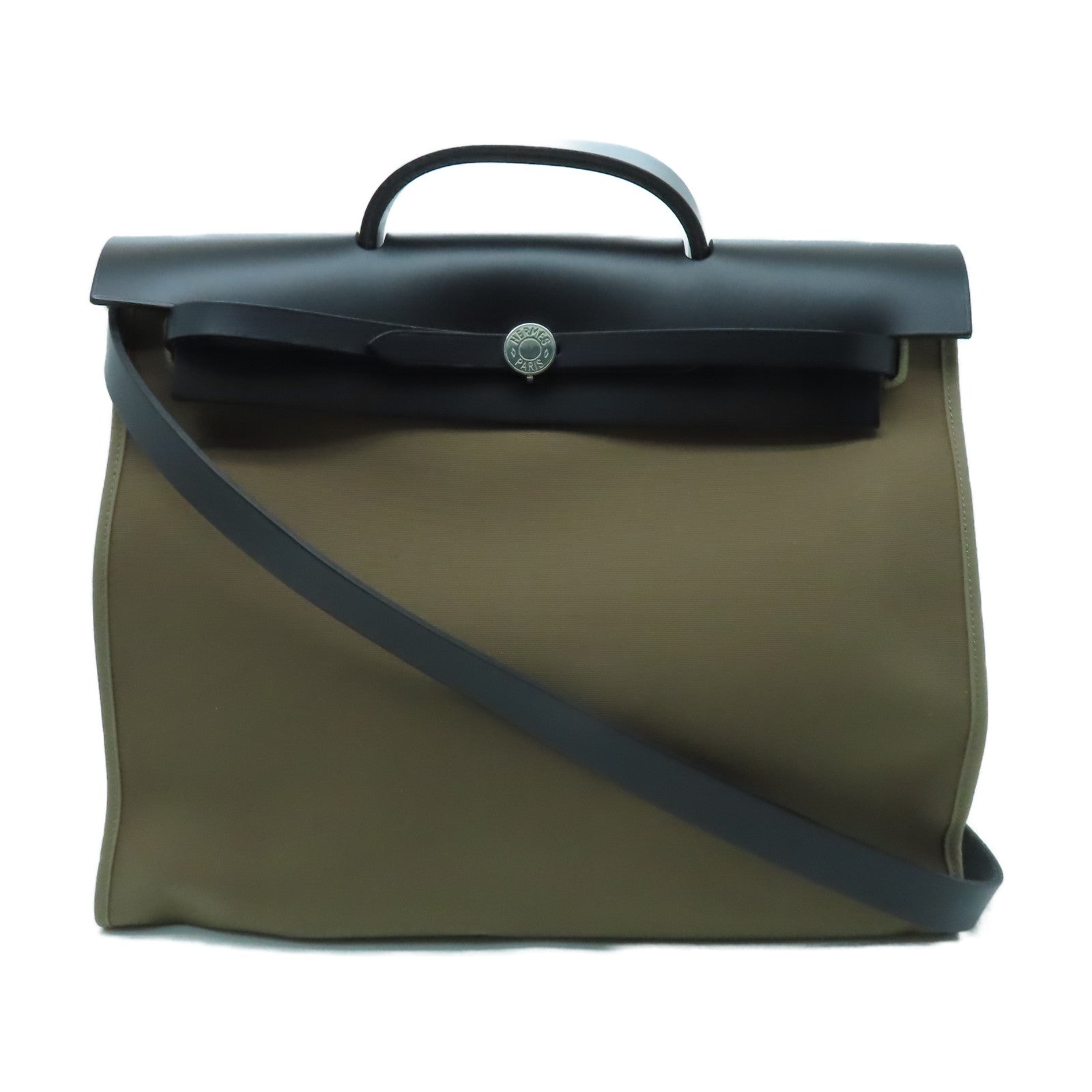 HERMES 帆布Herbag MM銀扣手挽肩背兩用袋黑色/啡色