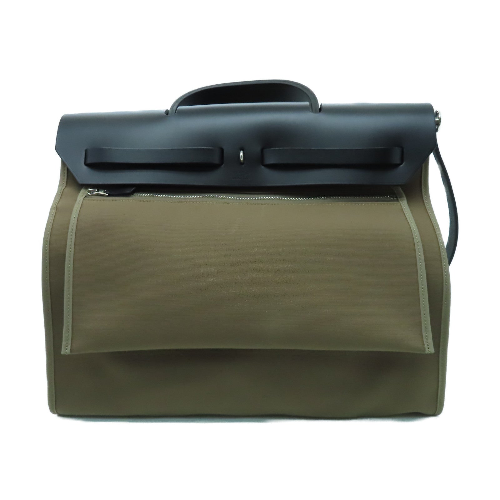 HERMES 帆布Herbag MM銀扣手挽肩背兩用袋黑色/啡色