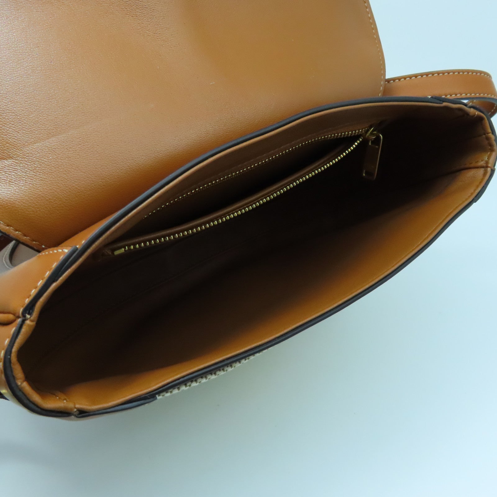 CELINE 牛皮皮革/帆布Shoulder Bag金扣肩背袋棕色/白色