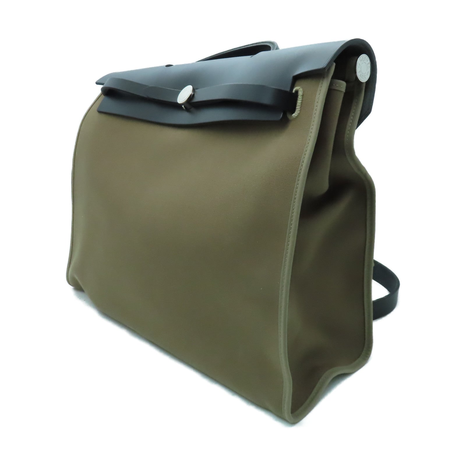 HERMES 帆布Herbag MM銀扣手挽肩背兩用袋黑色/啡色