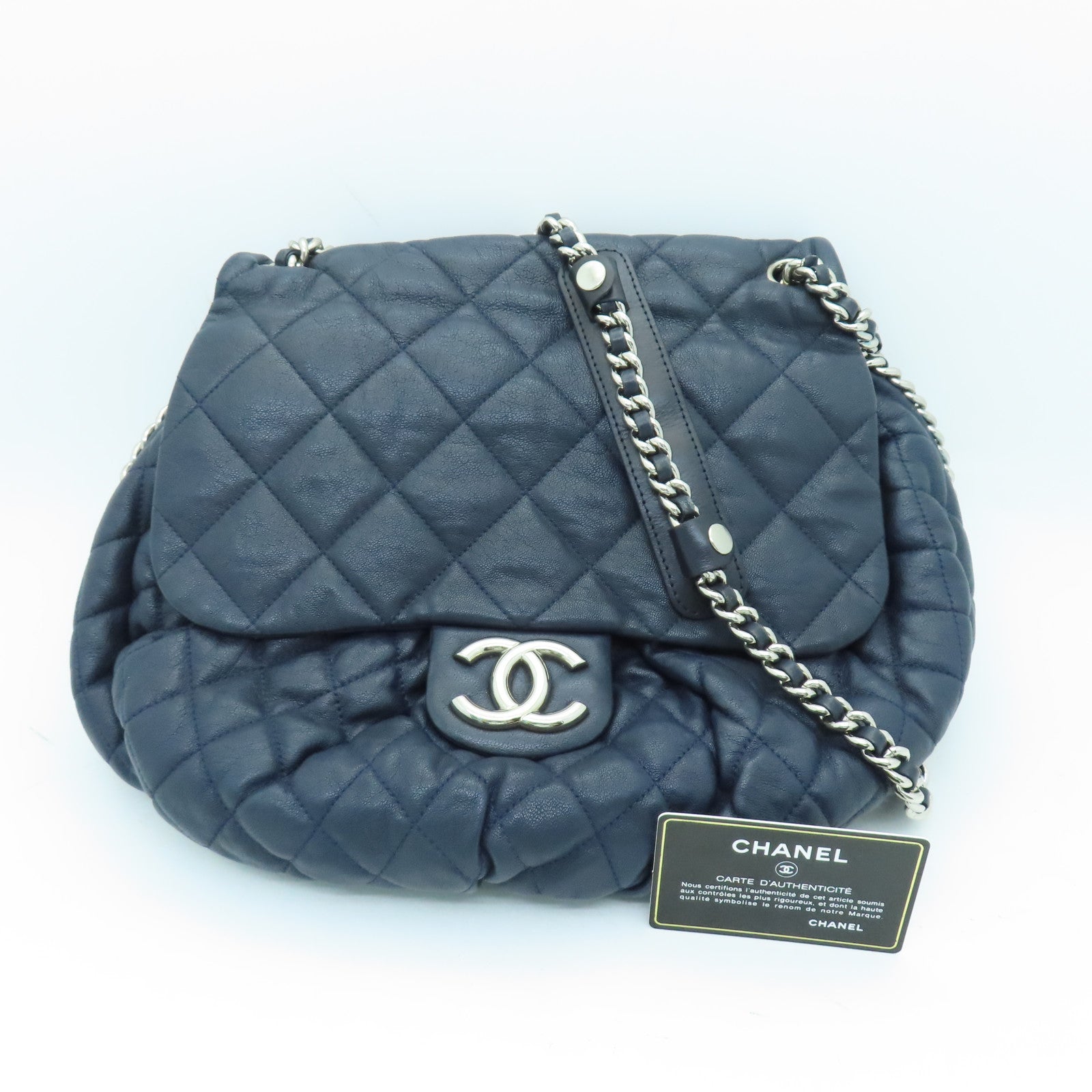 CHANEL 菱格牛皮皮革Chain Shoulder Bag銀扣鏈帶肩背袋深藍色