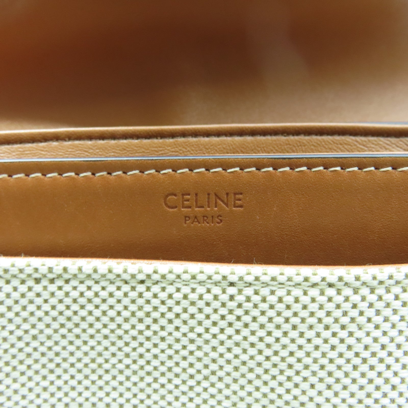CELINE 牛皮皮革/帆布Shoulder Bag金扣肩背袋棕色/白色