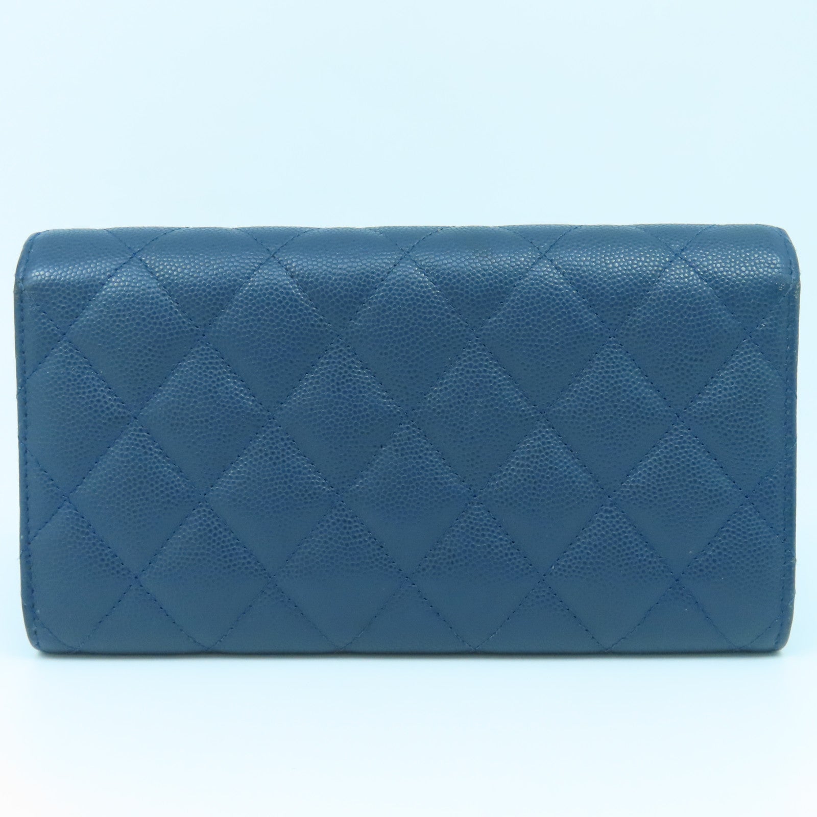 CHANEL 菱格Caviar皮革Classic Long Wallet金扣長錢包藍色