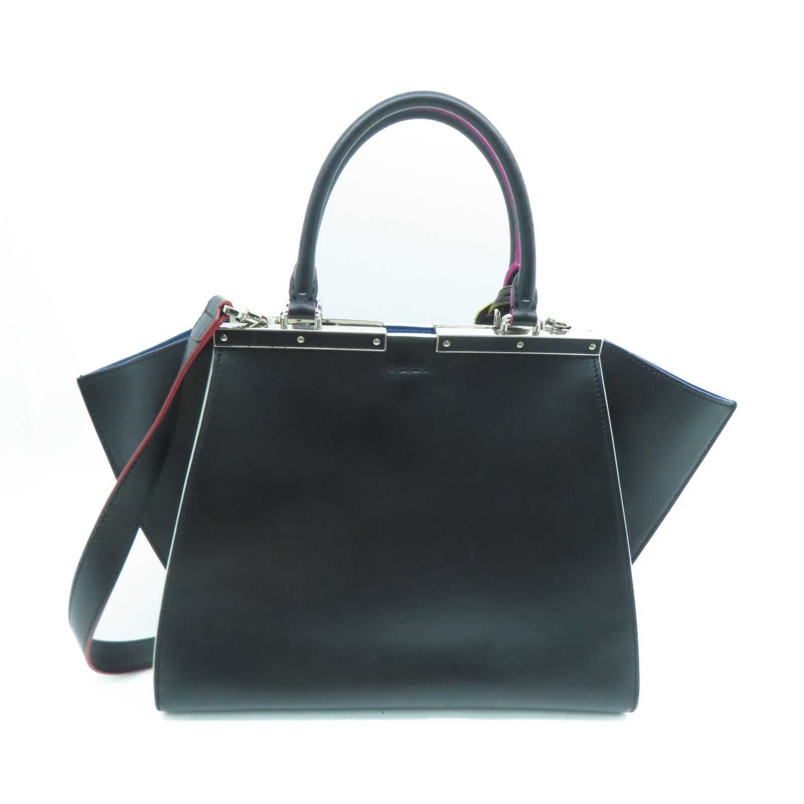 FENDI Cowhide Leather Jours Silver Buckle Handle Shoulder Bag Black