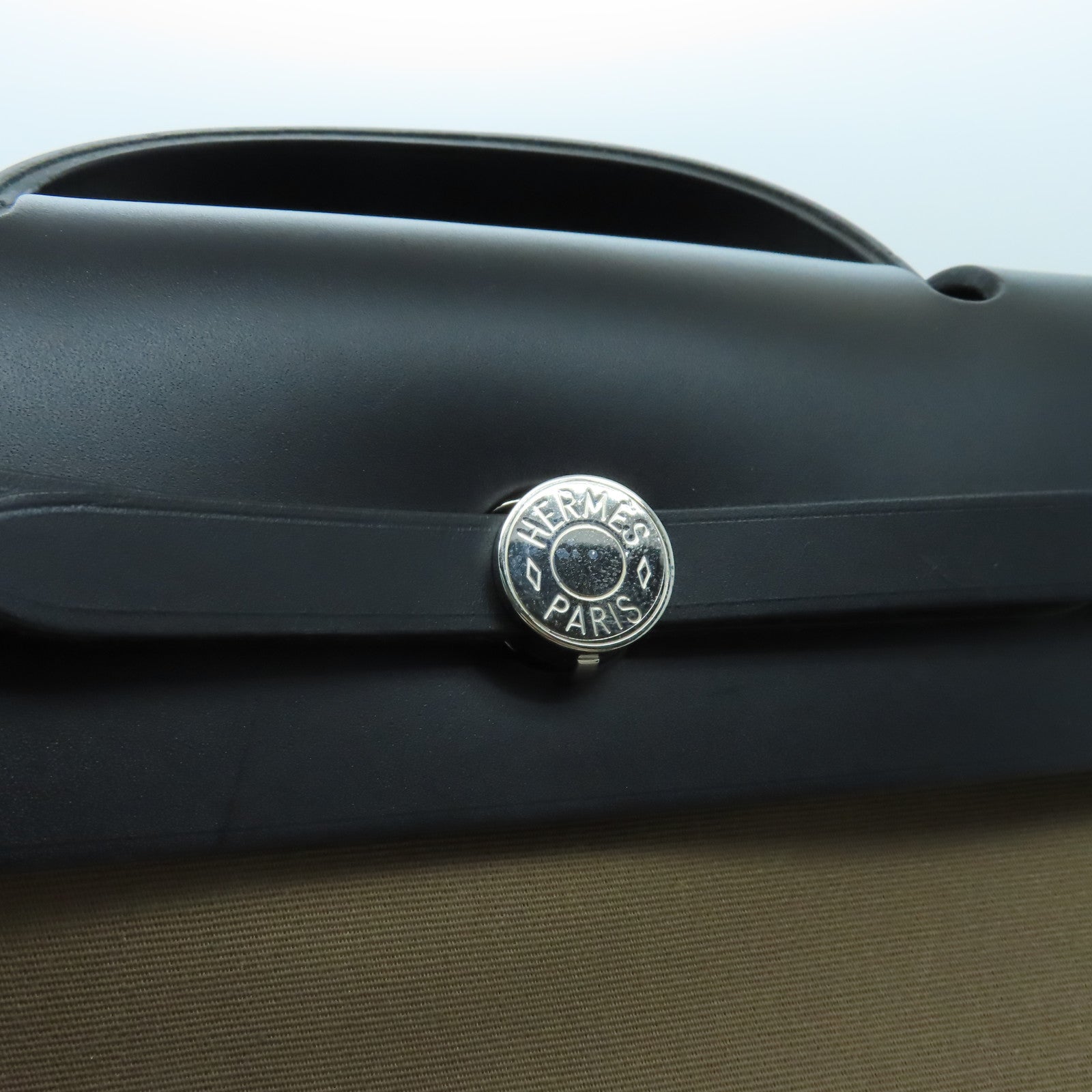 HERMES 帆布Herbag MM銀扣手挽肩背兩用袋黑色/啡色