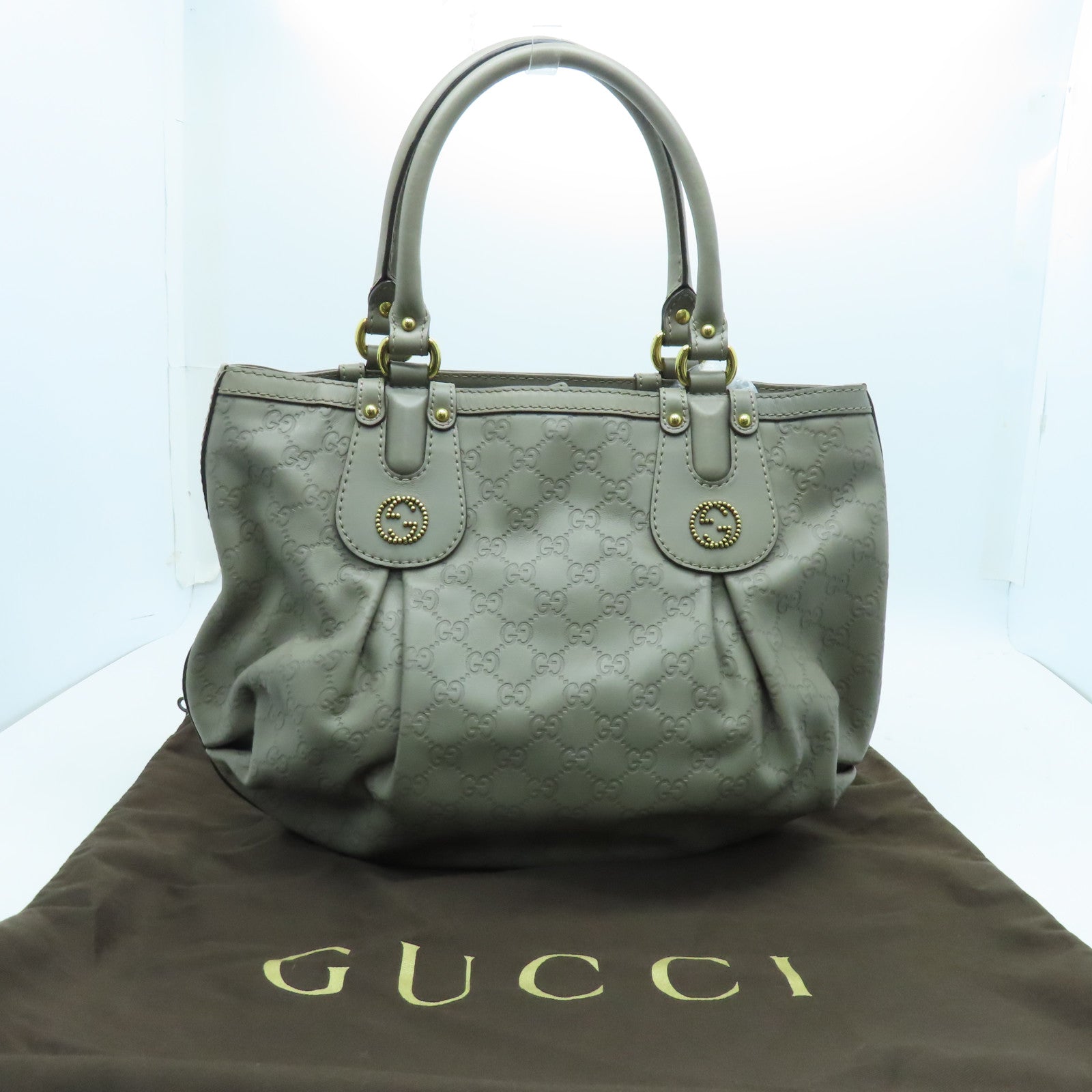 GUCCI 牛皮皮革Handbag金扣手挽袋灰色