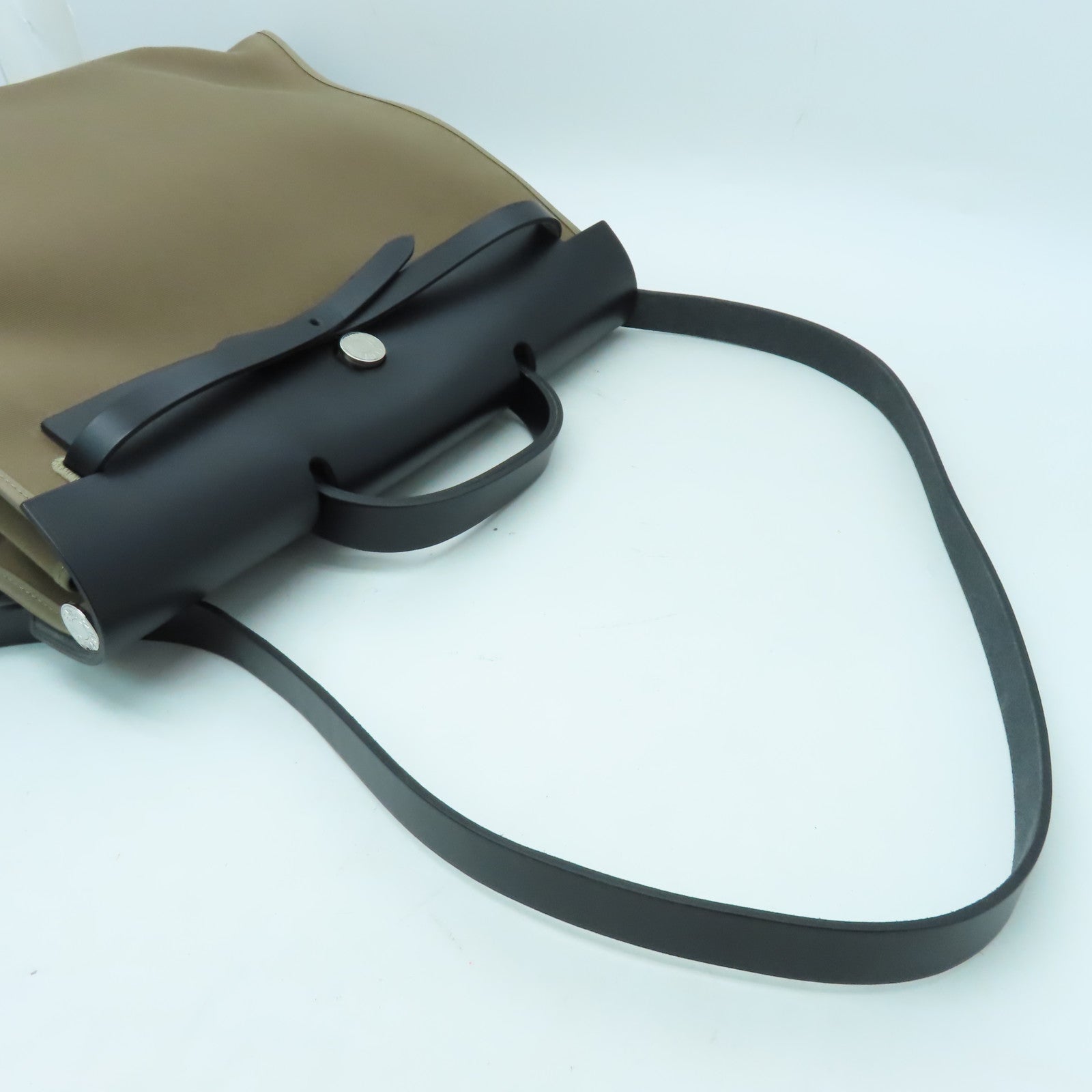 HERMES 帆布Herbag MM銀扣手挽肩背兩用袋黑色/啡色