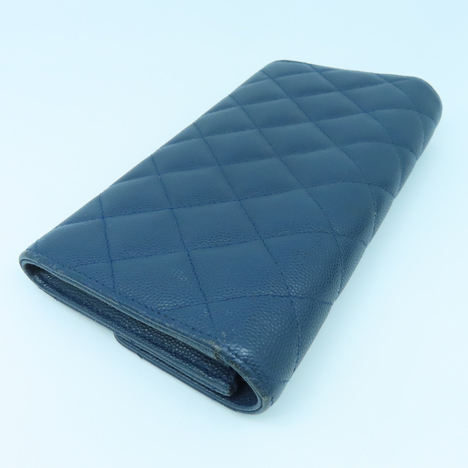 CHANEL 菱格Caviar皮革Classic Long Wallet金扣長錢包藍色