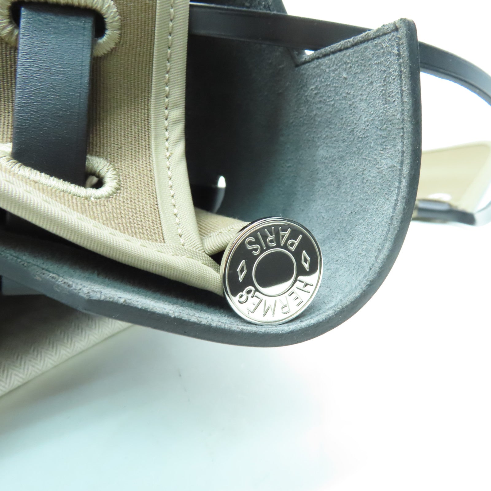 HERMES 帆布Herbag MM銀扣手挽肩背兩用袋黑色/啡色