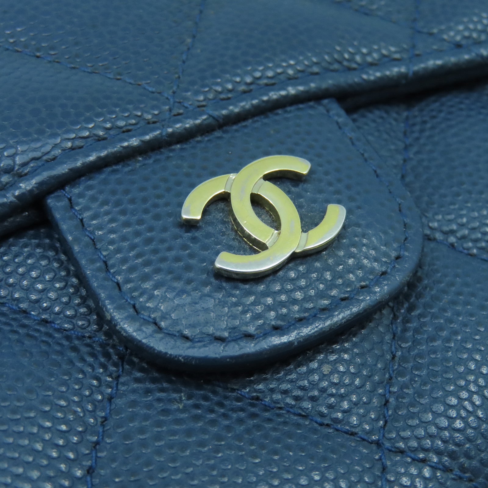 CHANEL 菱格Caviar皮革Classic Long Wallet金扣長錢包藍色
