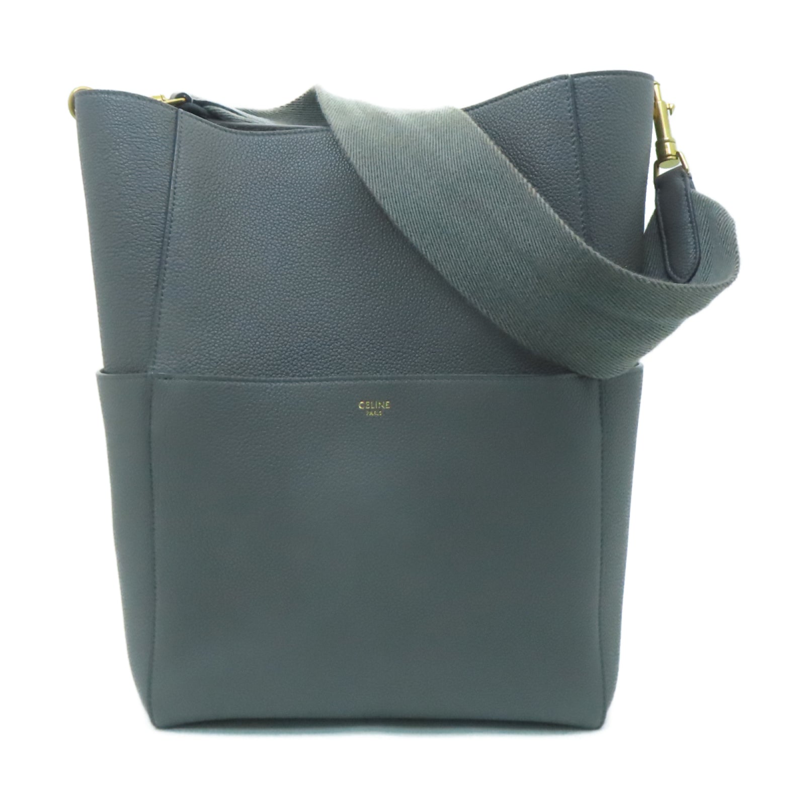 CELINE 牛皮皮革Sangle Bucket Bag金扣肩背袋灰色