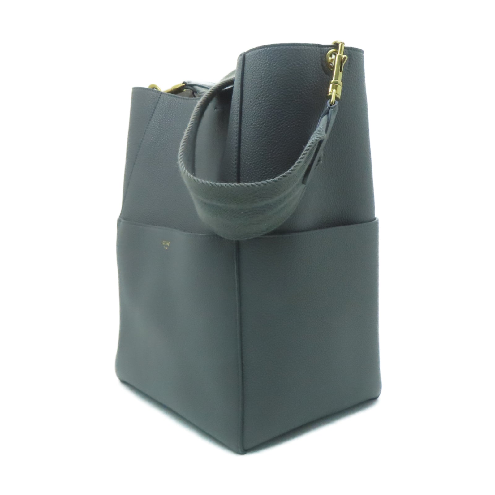 CELINE 牛皮皮革Sangle Bucket Bag金扣肩背袋灰色
