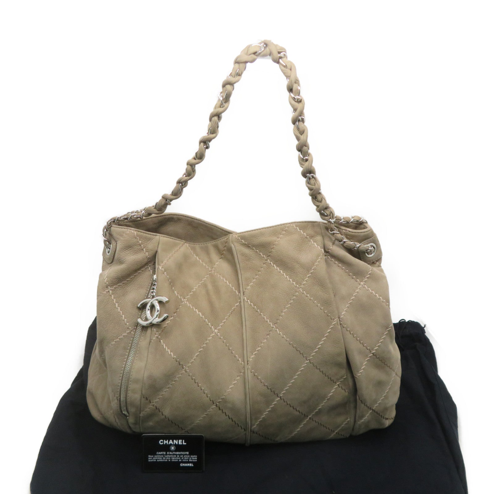 CHANEL 【激減優惠】菱格牛皮皮革Shoulder Bag銀扣鏈帶肩背袋米色