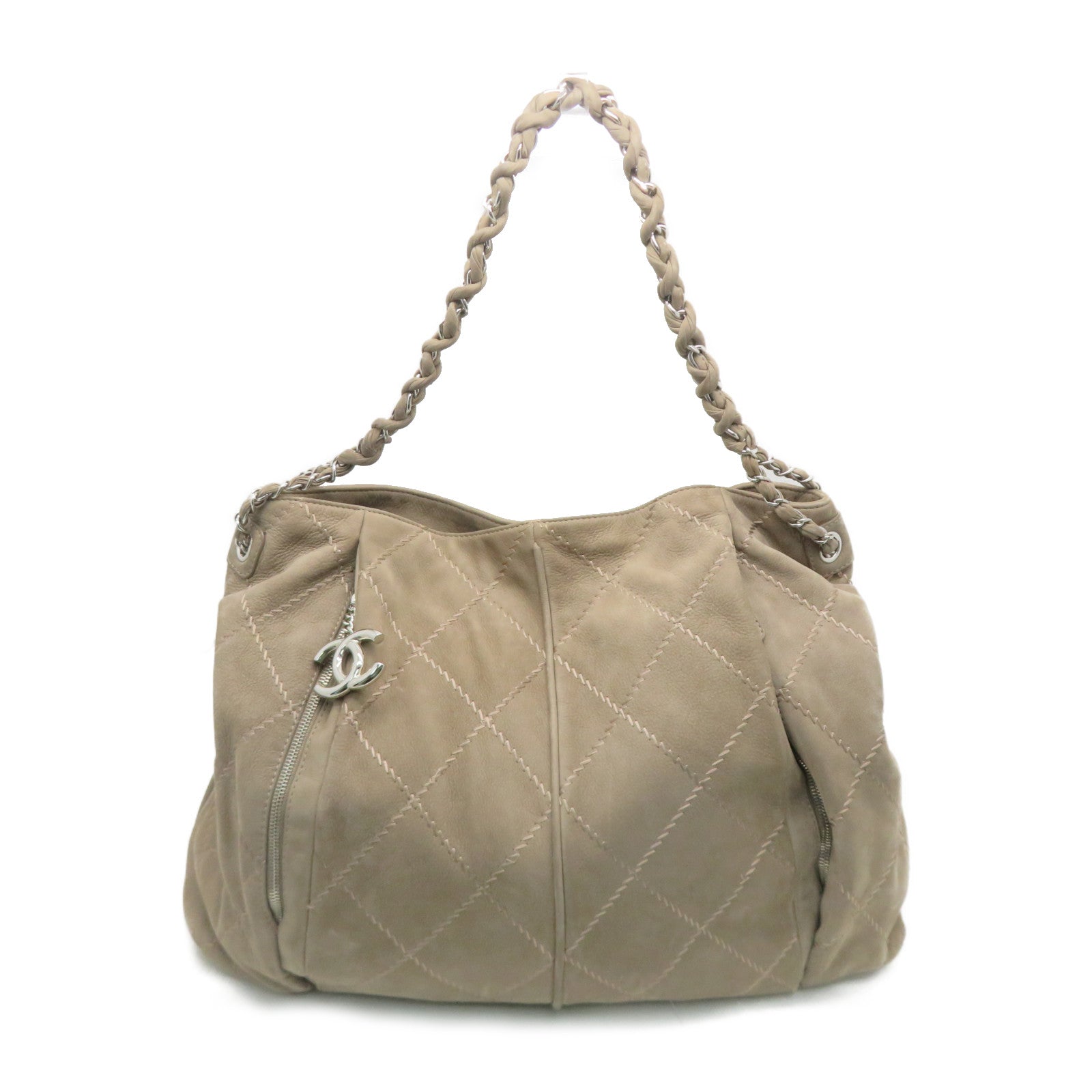 CHANEL 【激減優惠】菱格牛皮皮革Shoulder Bag銀扣鏈帶肩背袋米色