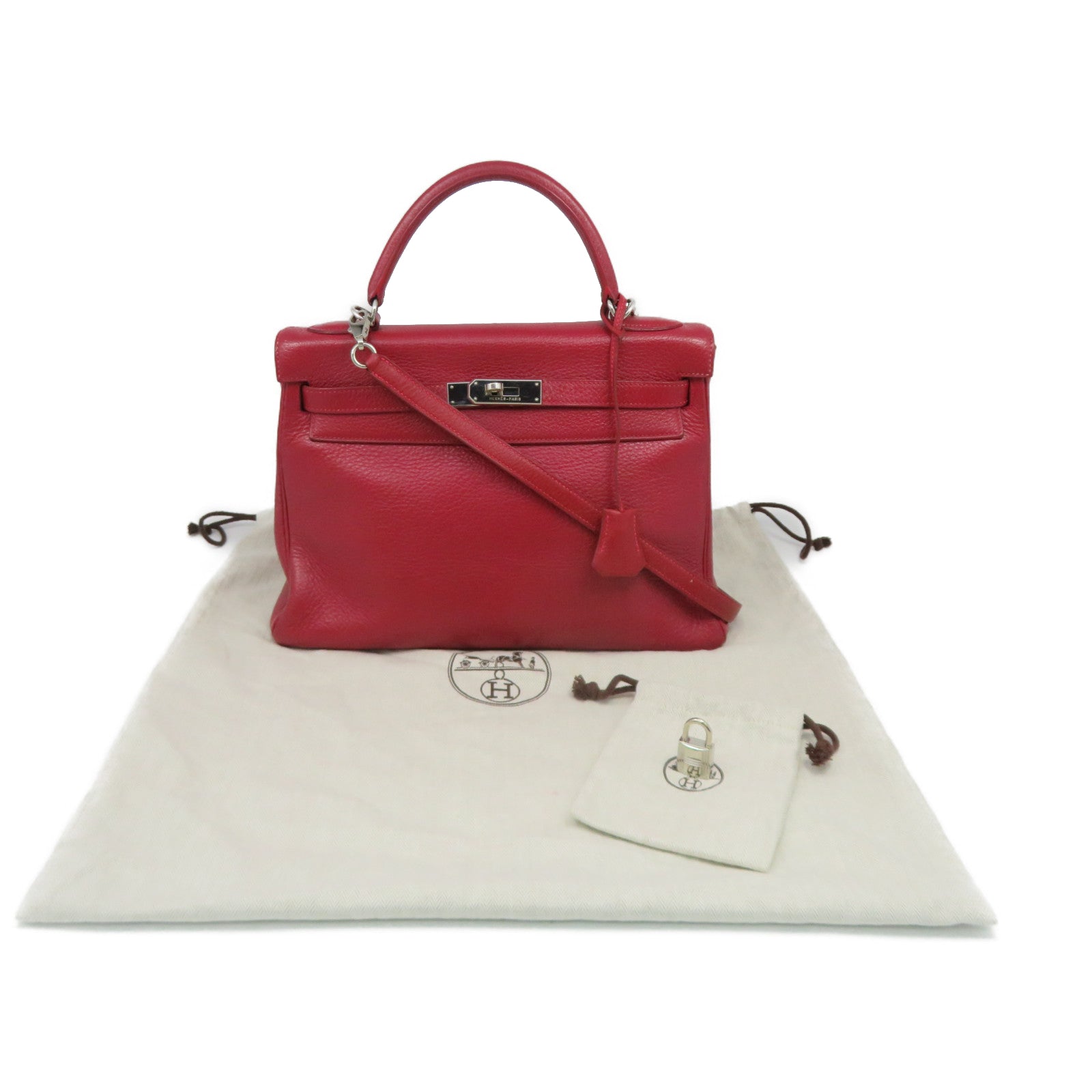 HERMES 【激減優惠】Clemence皮革Kelly 32銀扣手挽肩背兩用袋紅色/Rouge Casaque/Q5