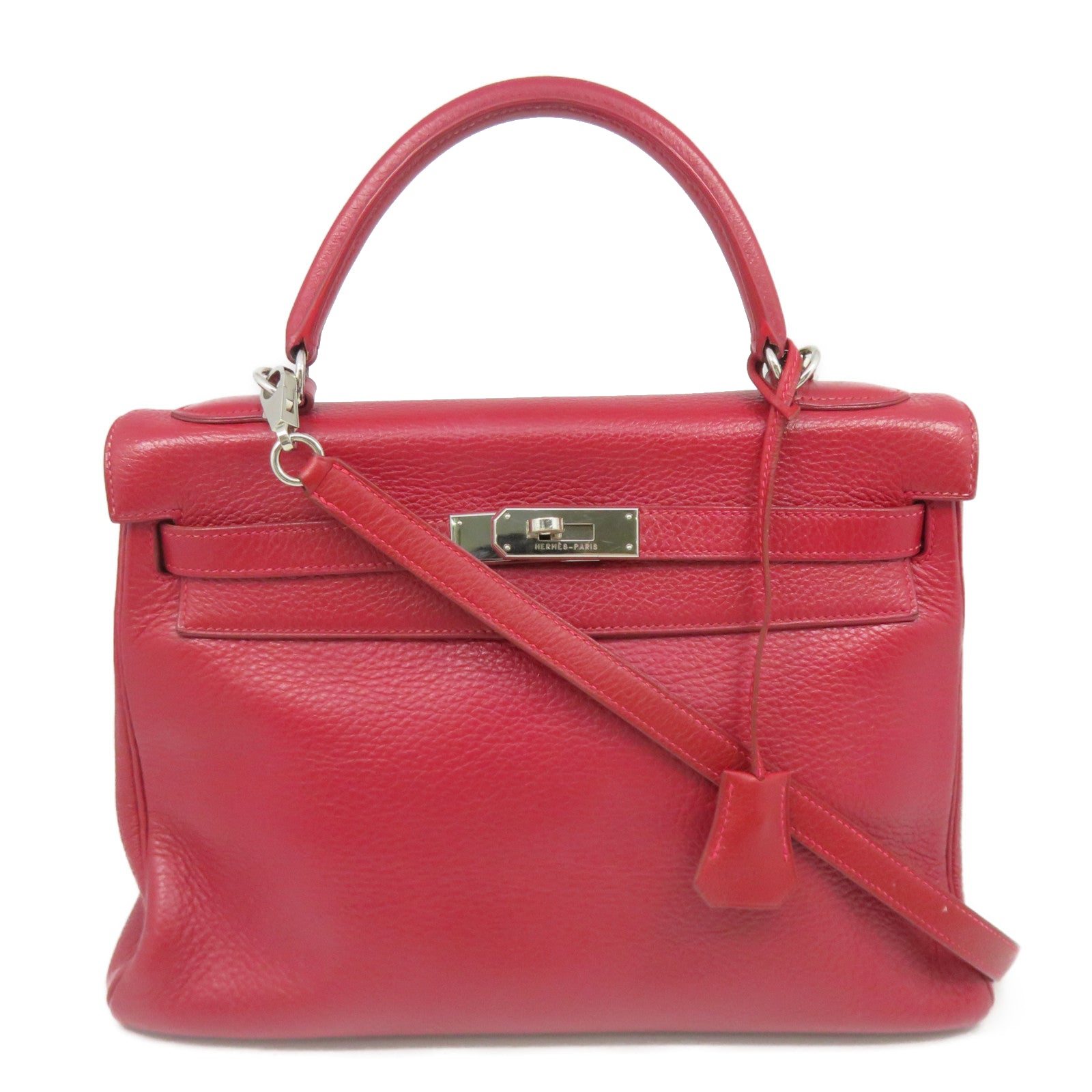 HERMES 【激減優惠】Clemence皮革Kelly 32銀扣手挽肩背兩用袋紅色/Rouge Casaque/Q5