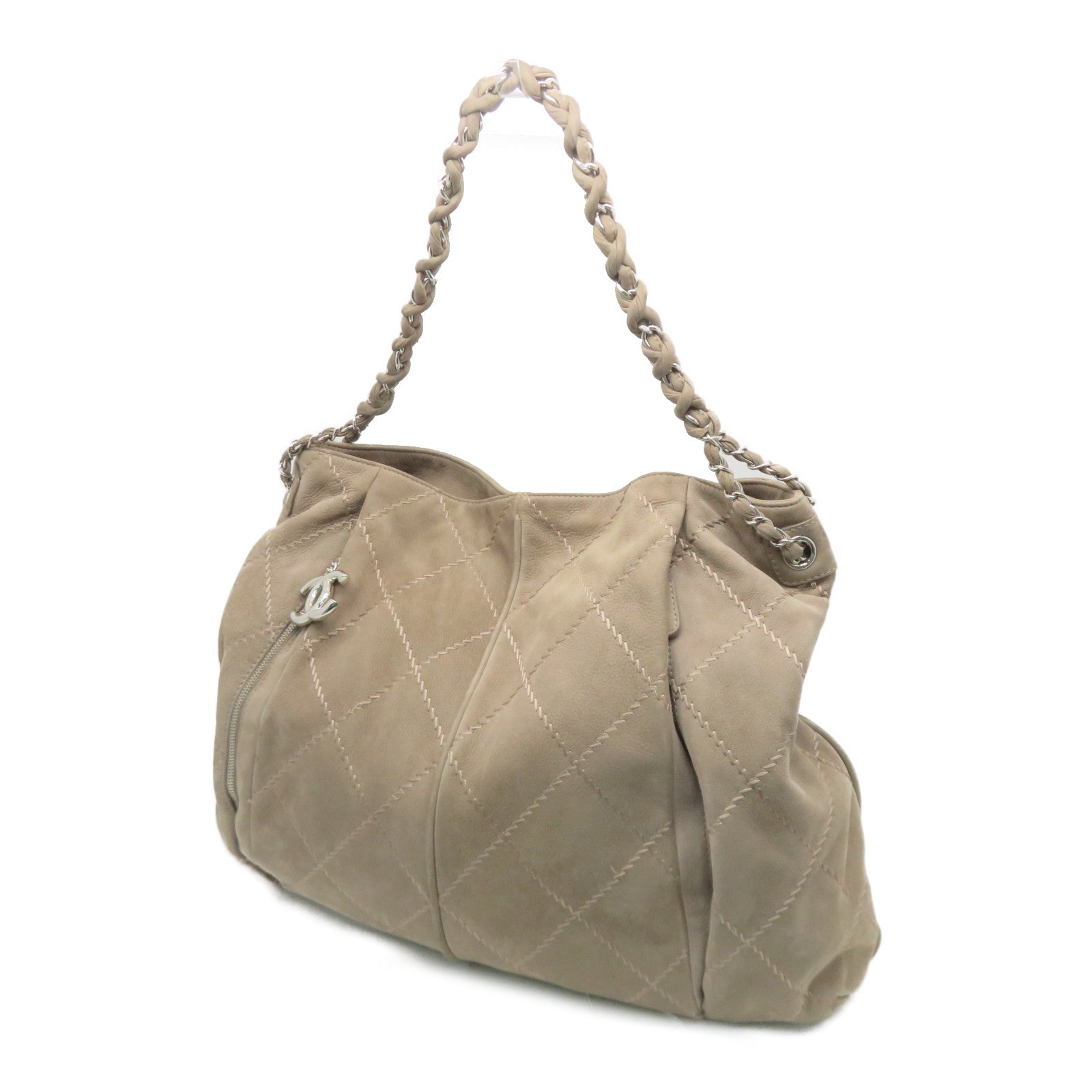 CHANEL 【激減優惠】菱格牛皮皮革Shoulder Bag銀扣鏈帶肩背袋米色