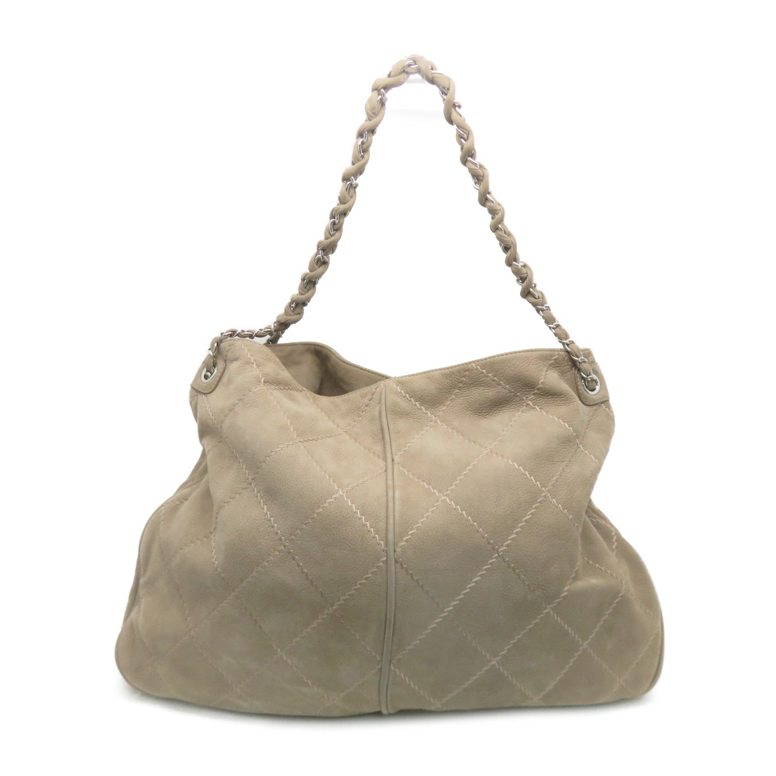 CHANEL 【激減優惠】菱格牛皮皮革Shoulder Bag銀扣鏈帶肩背袋米色