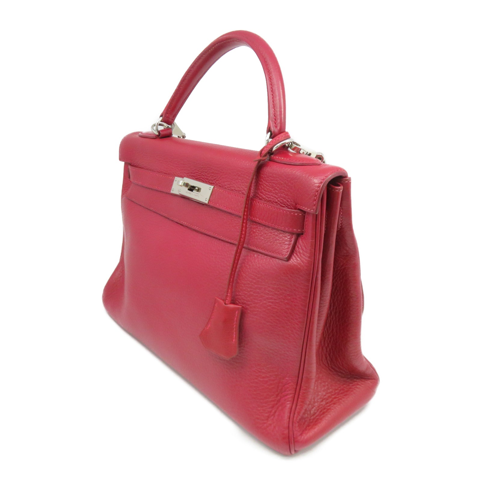 HERMES 【激減優惠】Clemence皮革Kelly 32銀扣手挽肩背兩用袋紅色/Rouge Casaque/Q5