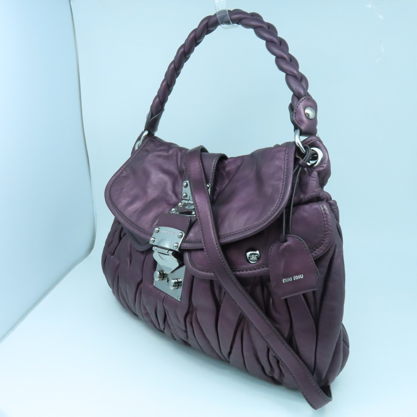Miu Miu 羊皮皮革2way Shoulder Bag銀扣手挽肩背兩用袋紫色