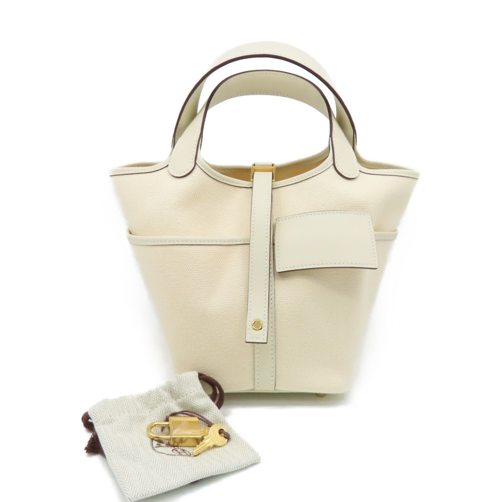HERMES Swift皮革/Toile Geoland帆布Picotin Cargo Handbag金扣手挽袋Ecru/Nata奶油白色