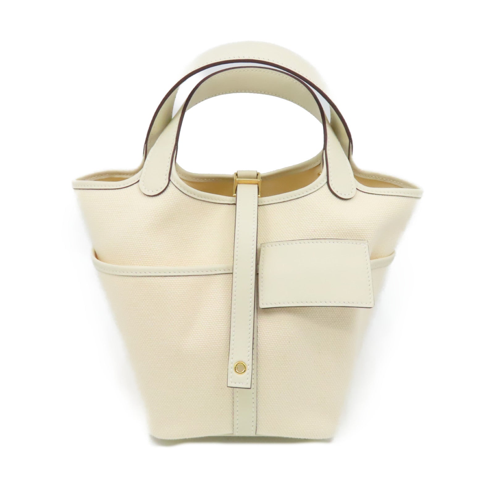 HERMES Swift皮革/Toile Geoland帆布Picotin Cargo Handbag金扣手挽袋Ecru/Nata奶油白色