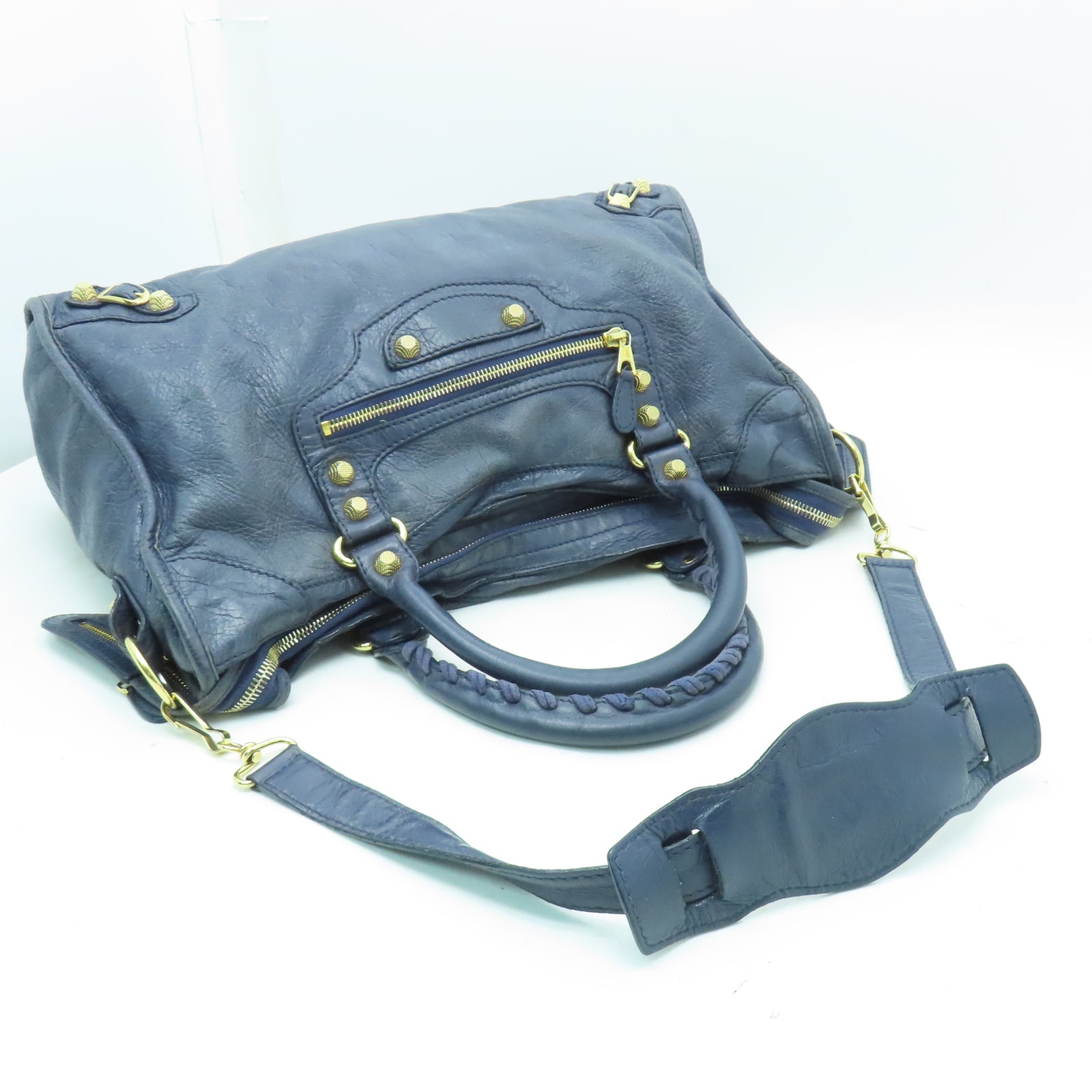 BALENCIAGA 牛皮皮革City金扣手挽肩背兩用袋藍色