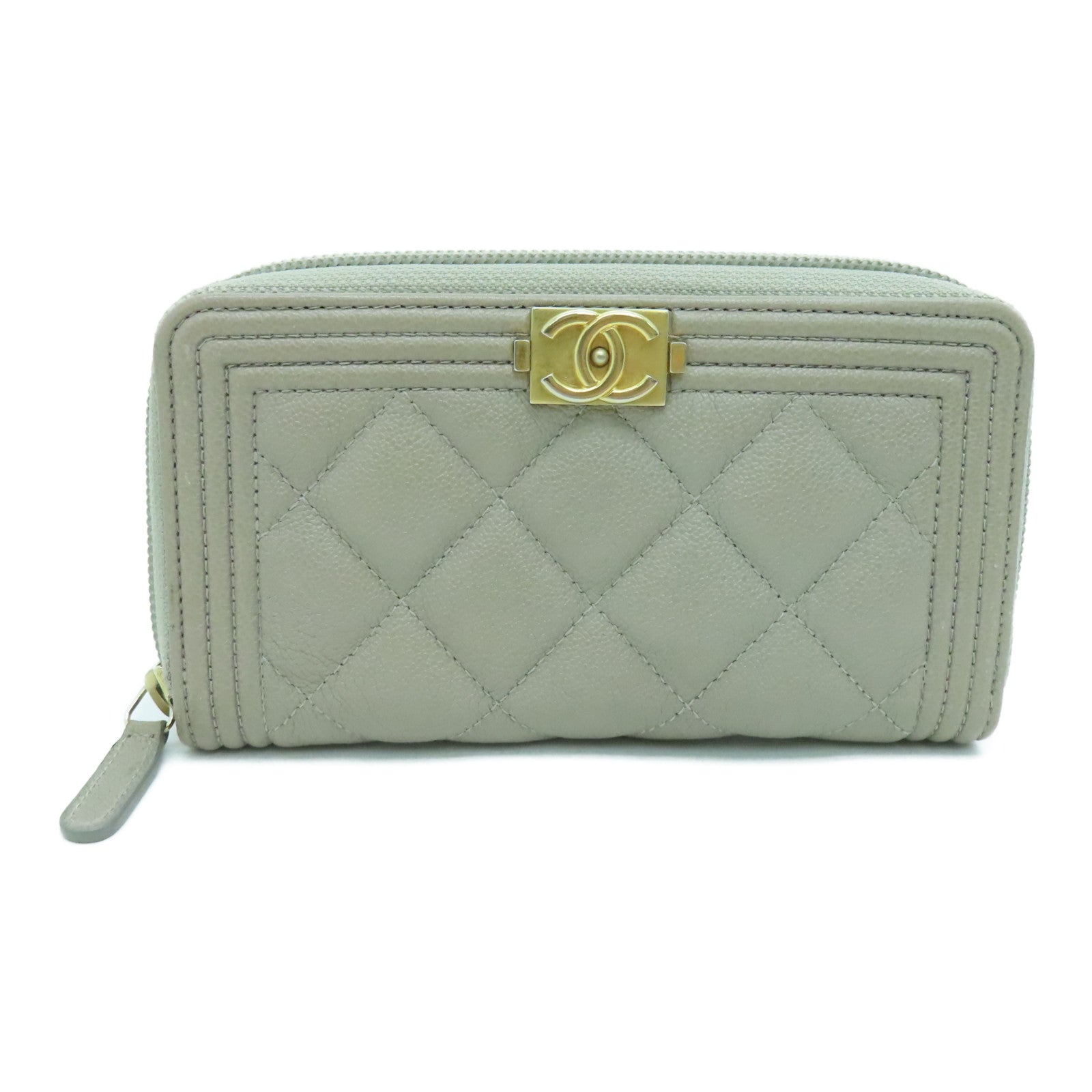 CHANEL 菱格Caviar皮革Boy Wallet金扣錢包米色