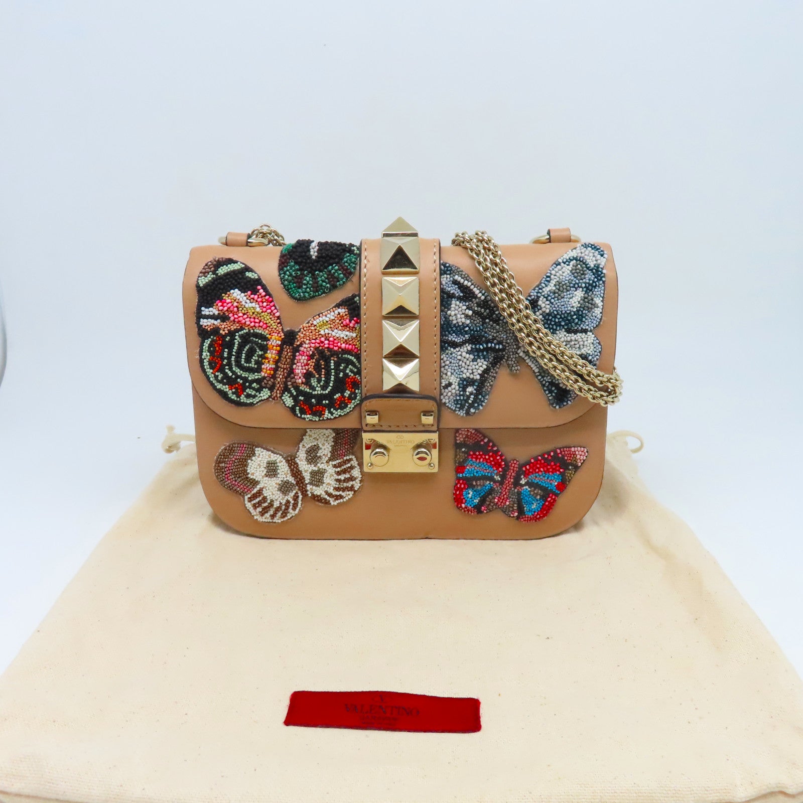 Valentino 牛皮皮革Embroidered Small Glam Lock金扣鏈帶肩背袋米色