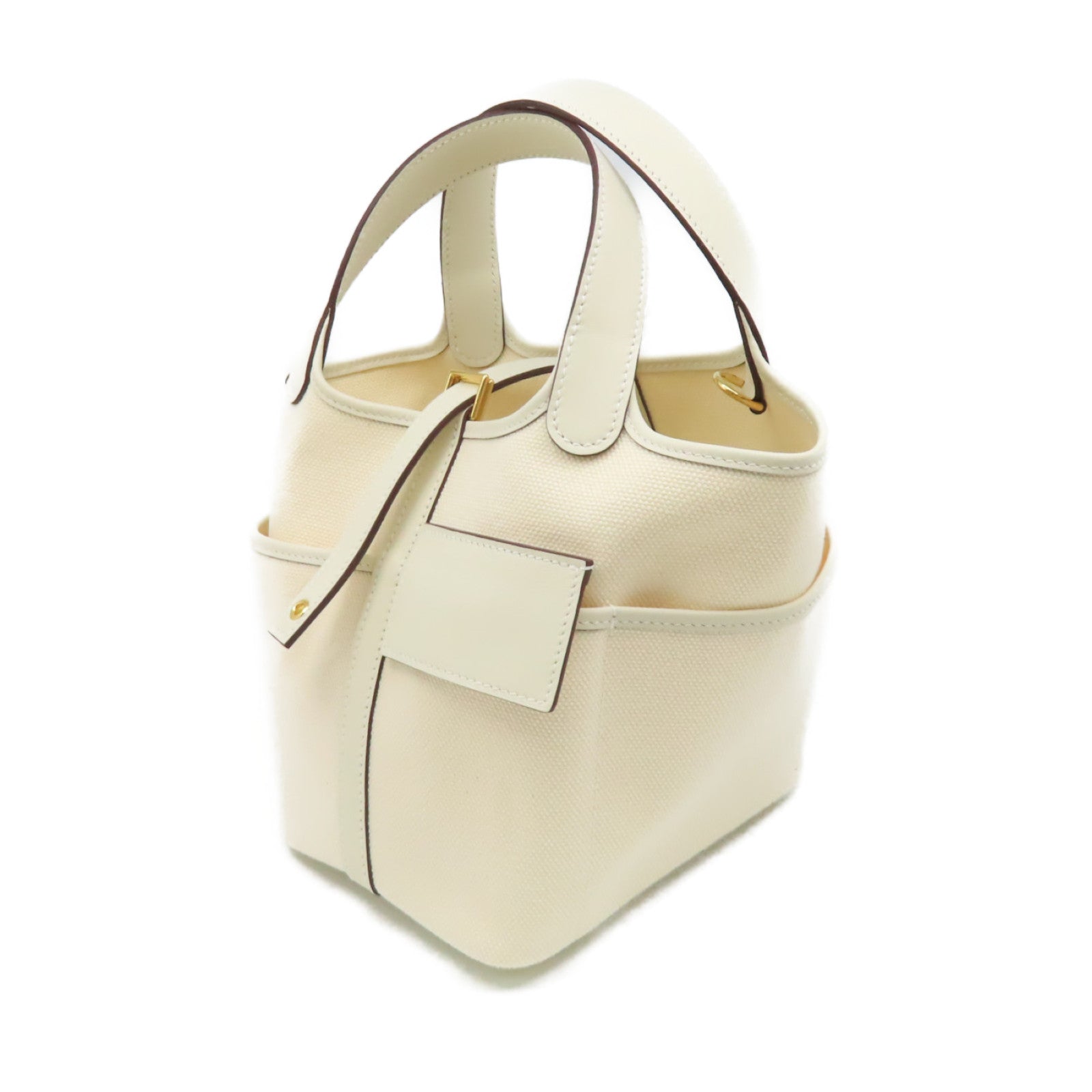 HERMES Swift皮革/Toile Geoland帆布Picotin Cargo Handbag金扣手挽袋Ecru/Nata奶油白色