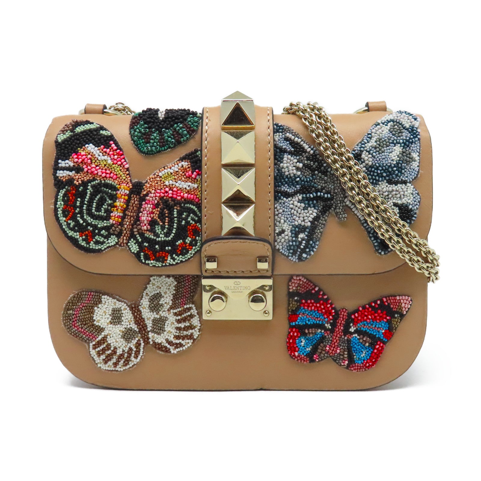 Valentino 牛皮皮革Embroidered Small Glam Lock金扣鏈帶肩背袋米色